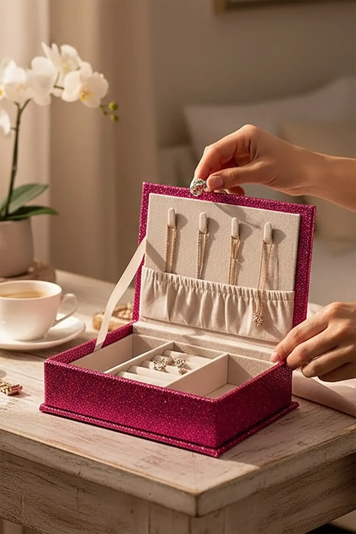 Pembe Renk Sim Detaylı Takı Kutusu