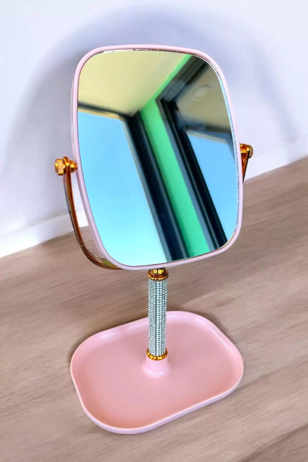 Pembe Renk Takı Standlı Dönebilen Masa Aynası