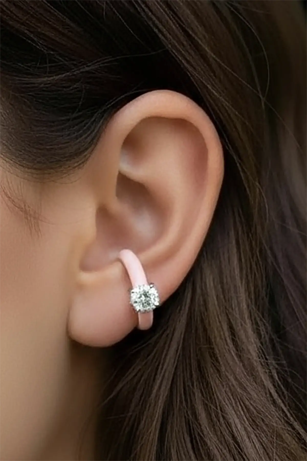 Pembe Renk Taş Detaylı 14K Altın Kaplama TX Ear Cuff (Tek)