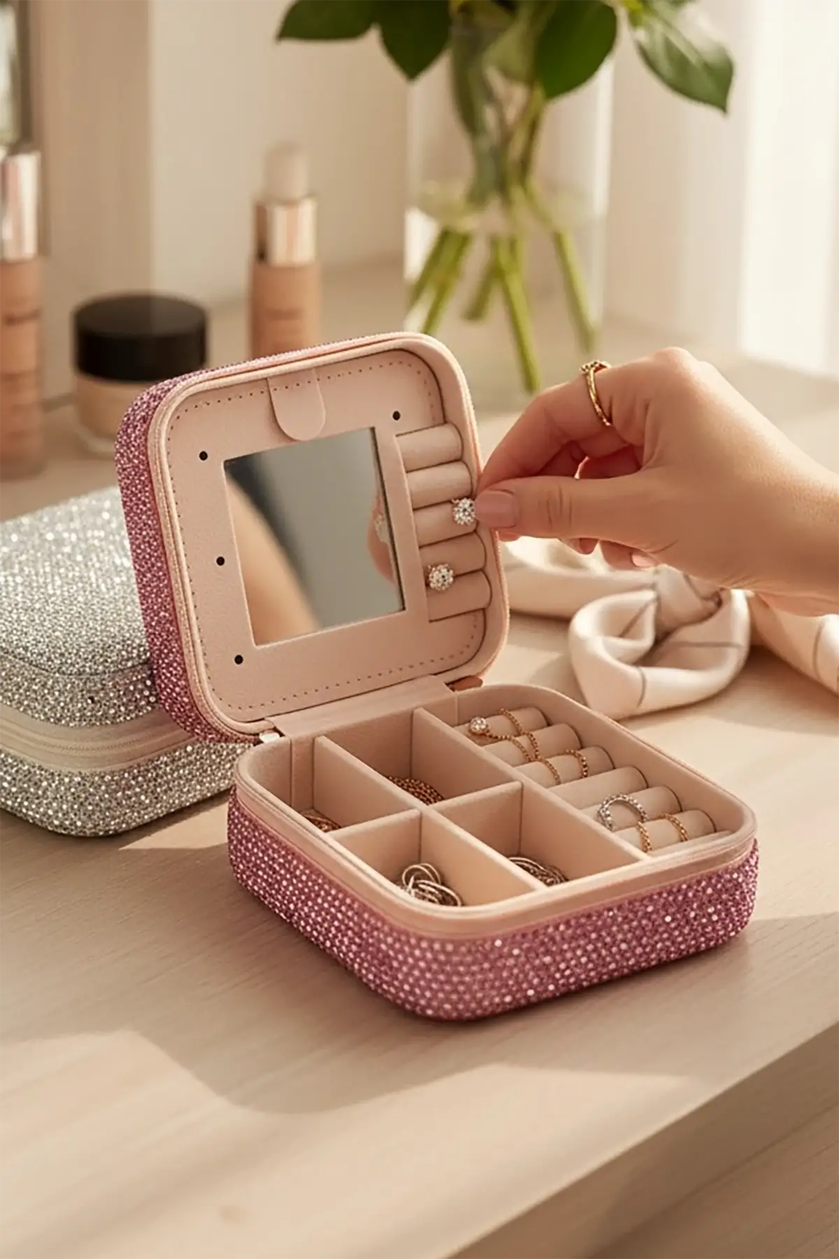 Pembe Renk Taş Detaylı Çantalı Takı Kutusu