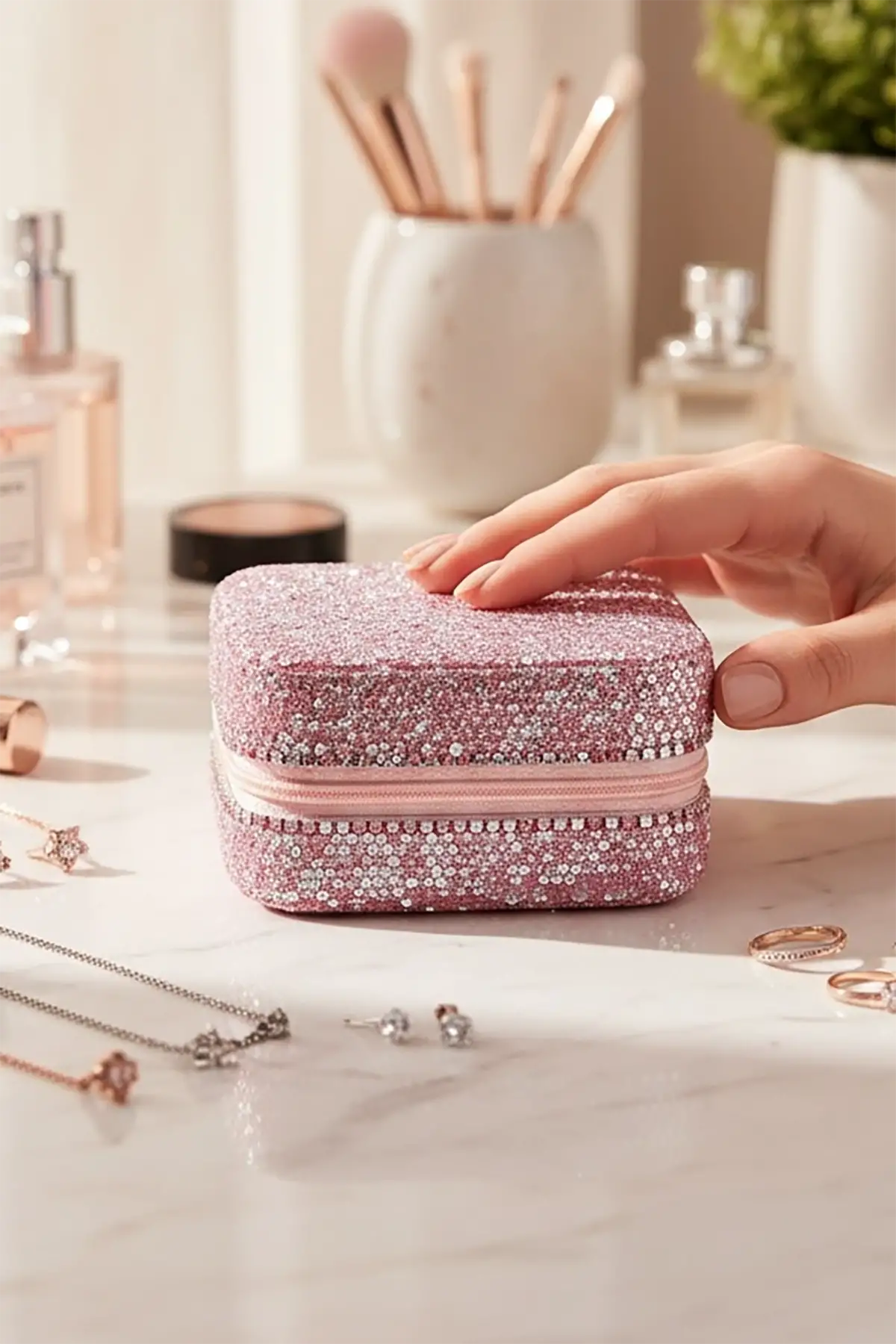 Pembe Renk Taş Detaylı Çantalı Takı Kutusu