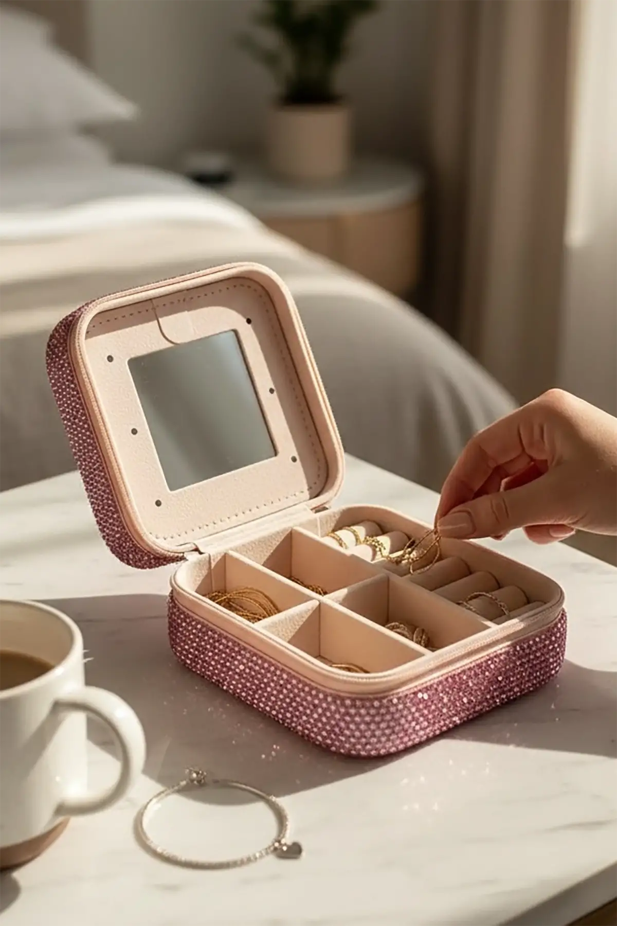 Pembe Renk Taş Detaylı Çantalı Takı Kutusu