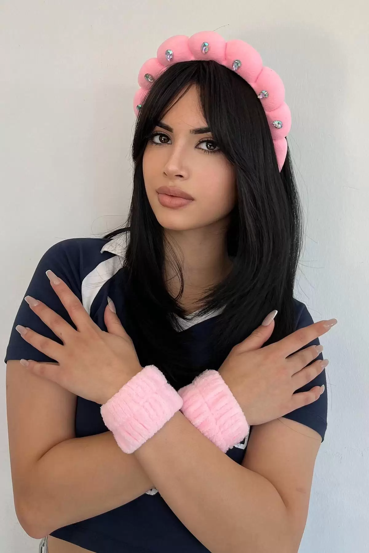 Pembe Renk Taş Detaylı Spa Taç/ Mandal Toka/ Su Emici Havlu Bileklik Set