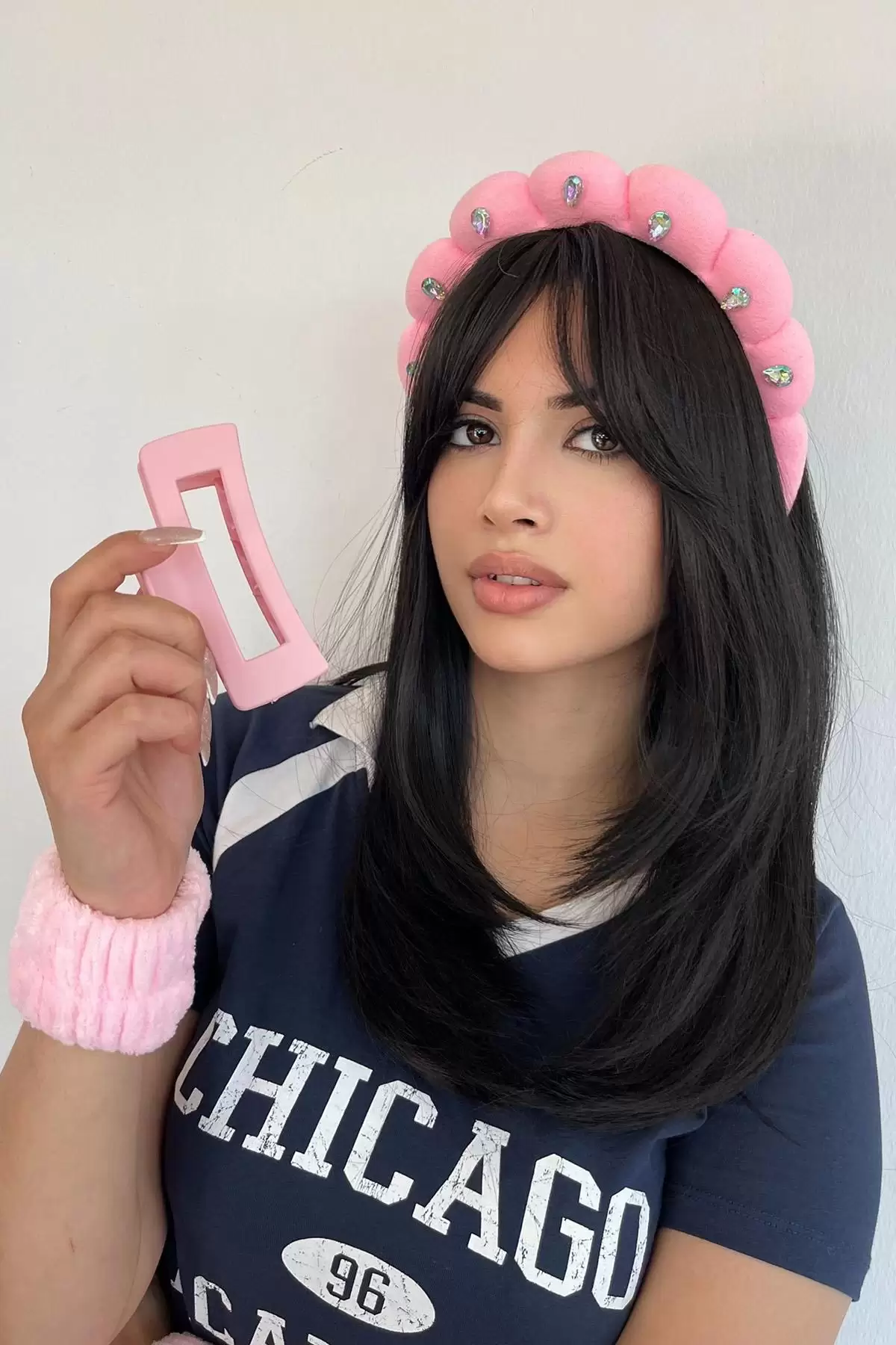 Pembe Renk Taş Detaylı Spa Taç/ Mandal Toka/ Su Emici Havlu Bileklik Set