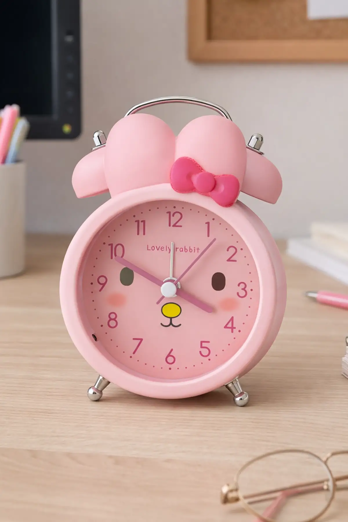 Pembe Renk Tavşan Figürlü Mini Dekoratif Işıklı Alarmlı Yuvarlak Masa Saati