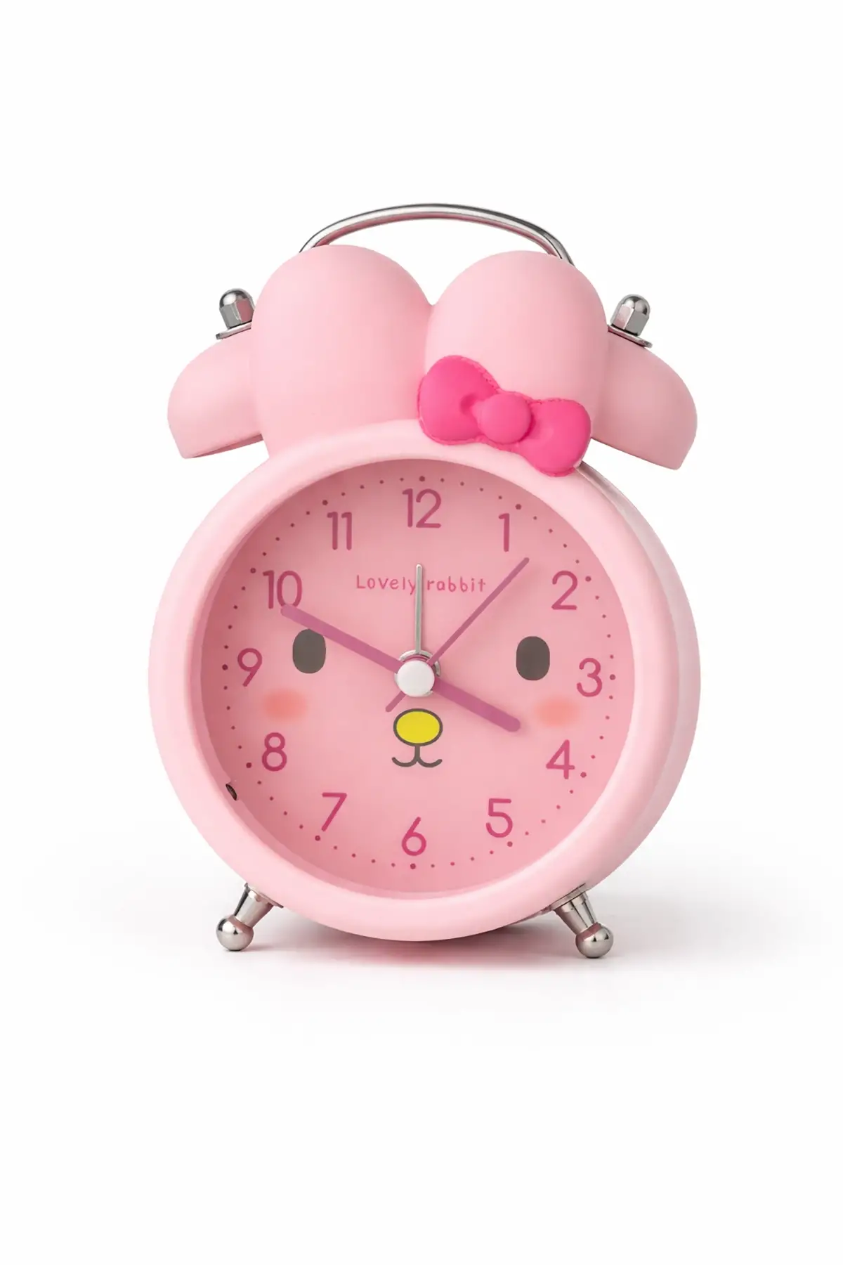 Pembe Renk Tavşan Figürlü Mini Dekoratif Işıklı Alarmlı Yuvarlak Masa Saati