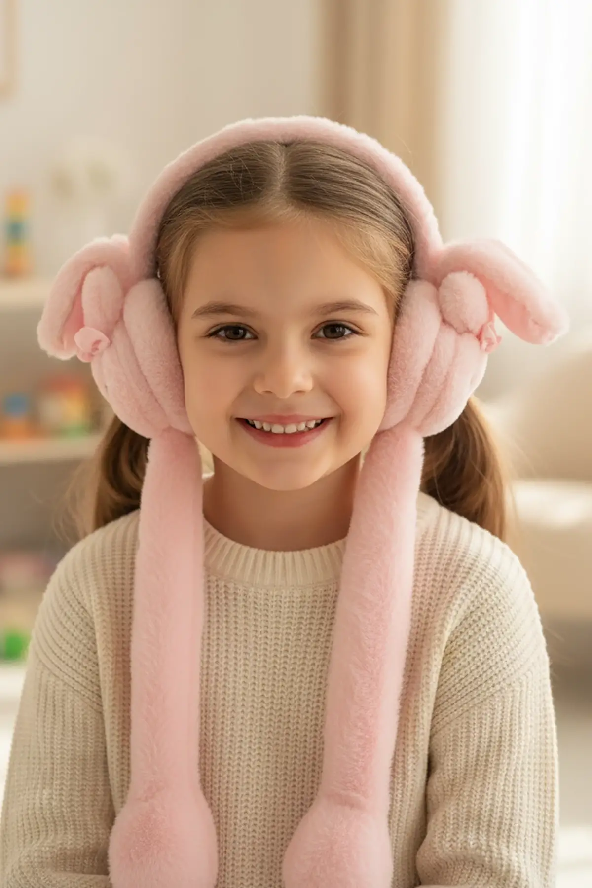 Pembe Renk Tavşan Figürlü Peluş Kulaklık