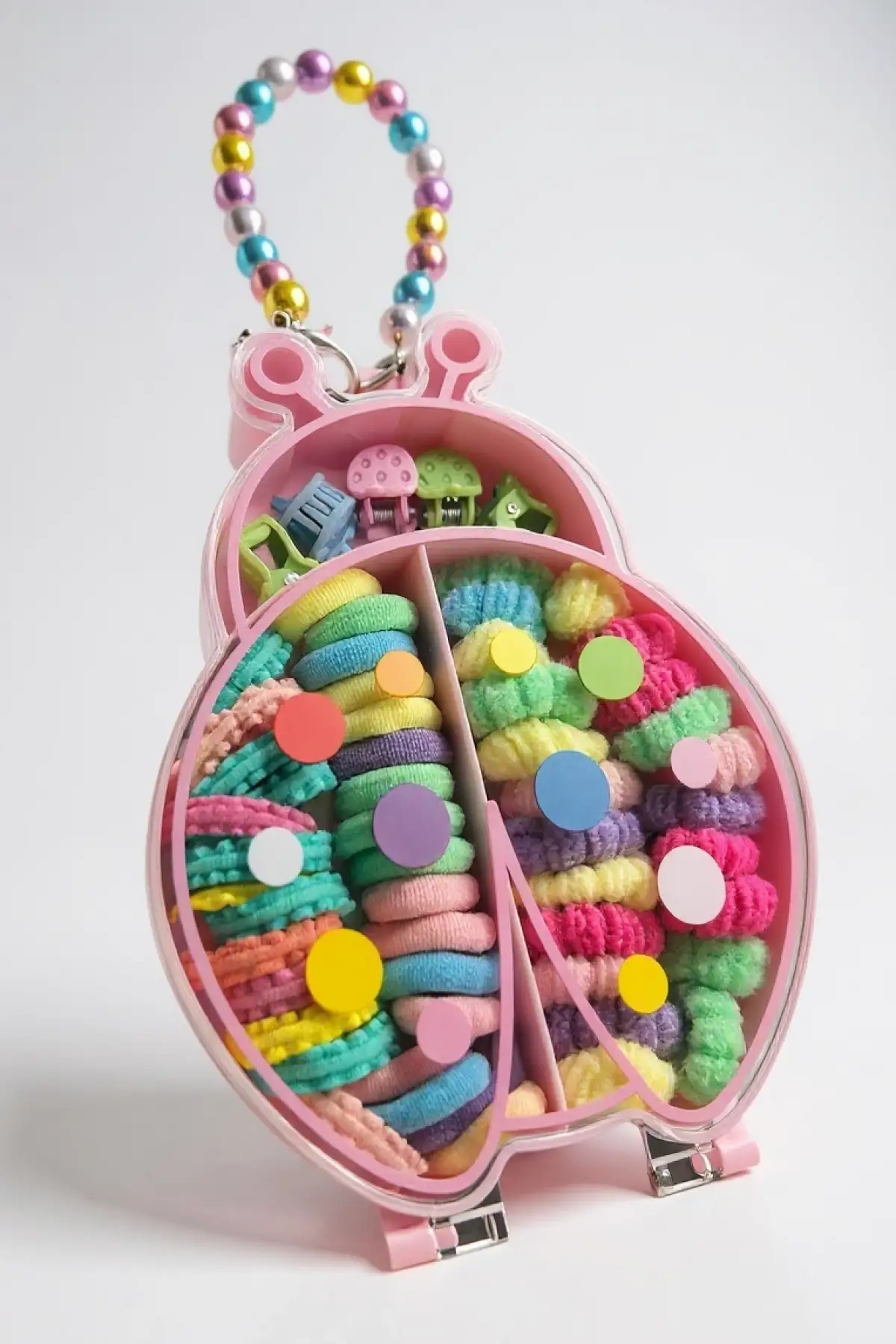 Pembe Renk Uğur Böceği Figürlü Boncuklu Çantalı Toka Seti