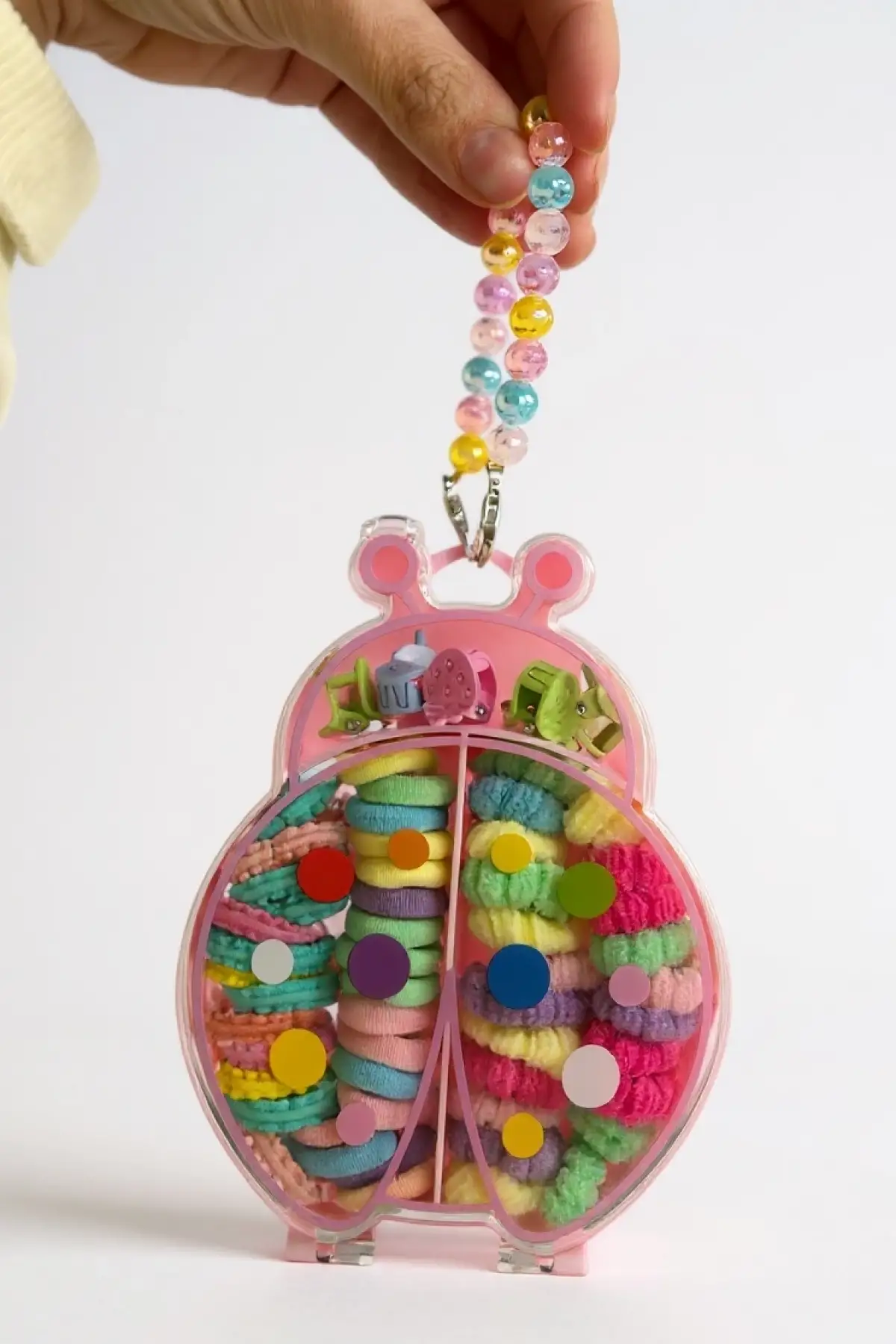 Pembe Renk Uğur Böceği Figürlü Boncuklu Çantalı Toka Seti