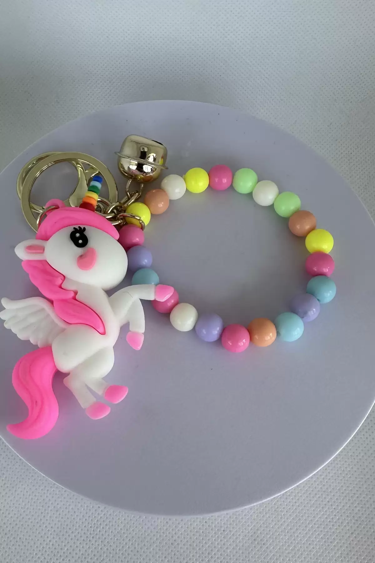 Pembe Renk Unicorn Figürlü Boncuk Detaylı Anahtarlık