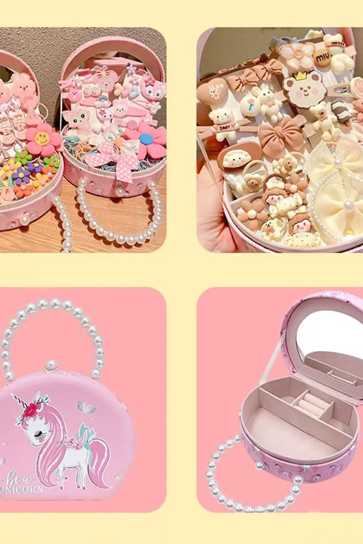 Pembe Renk Unicorn Figürlü İnci Detaylı Çanta Detaylı Takı Kutusu/Organizer