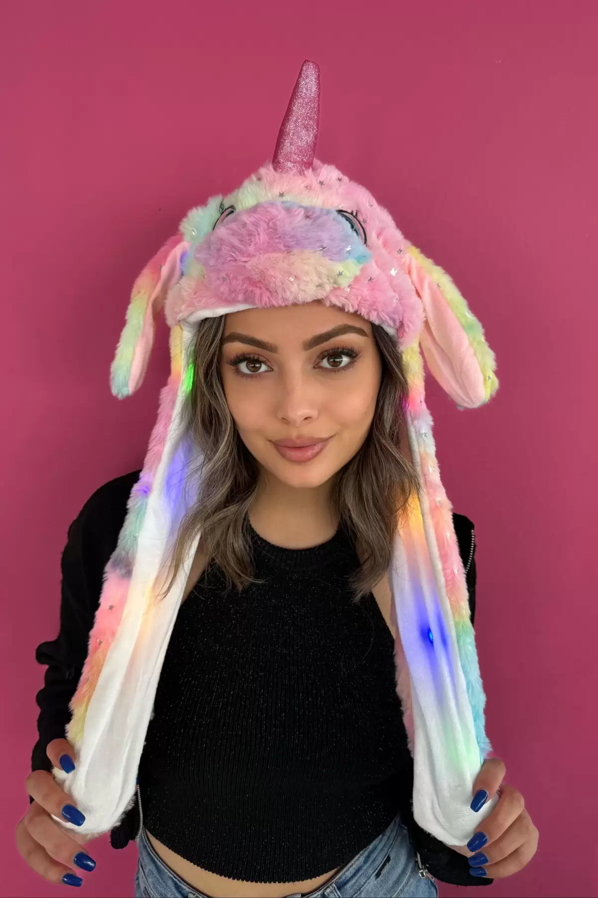 Pembe Renk Unicorn Figürlü Işıklı Kulakları Oynayan Peluş Şapka