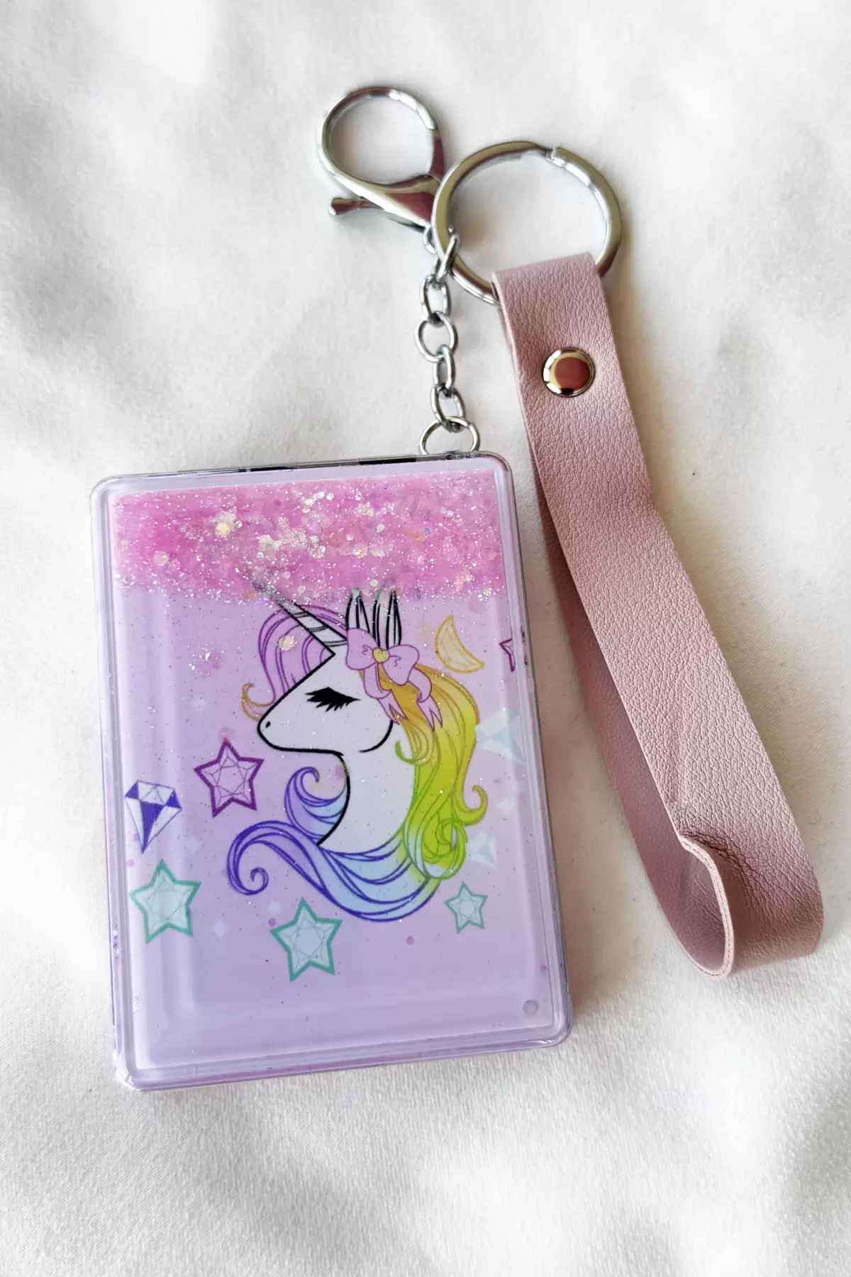 Pembe Renk Unicorn Figürlü Sim Detaylı Cep Aynası/Anahtarlık