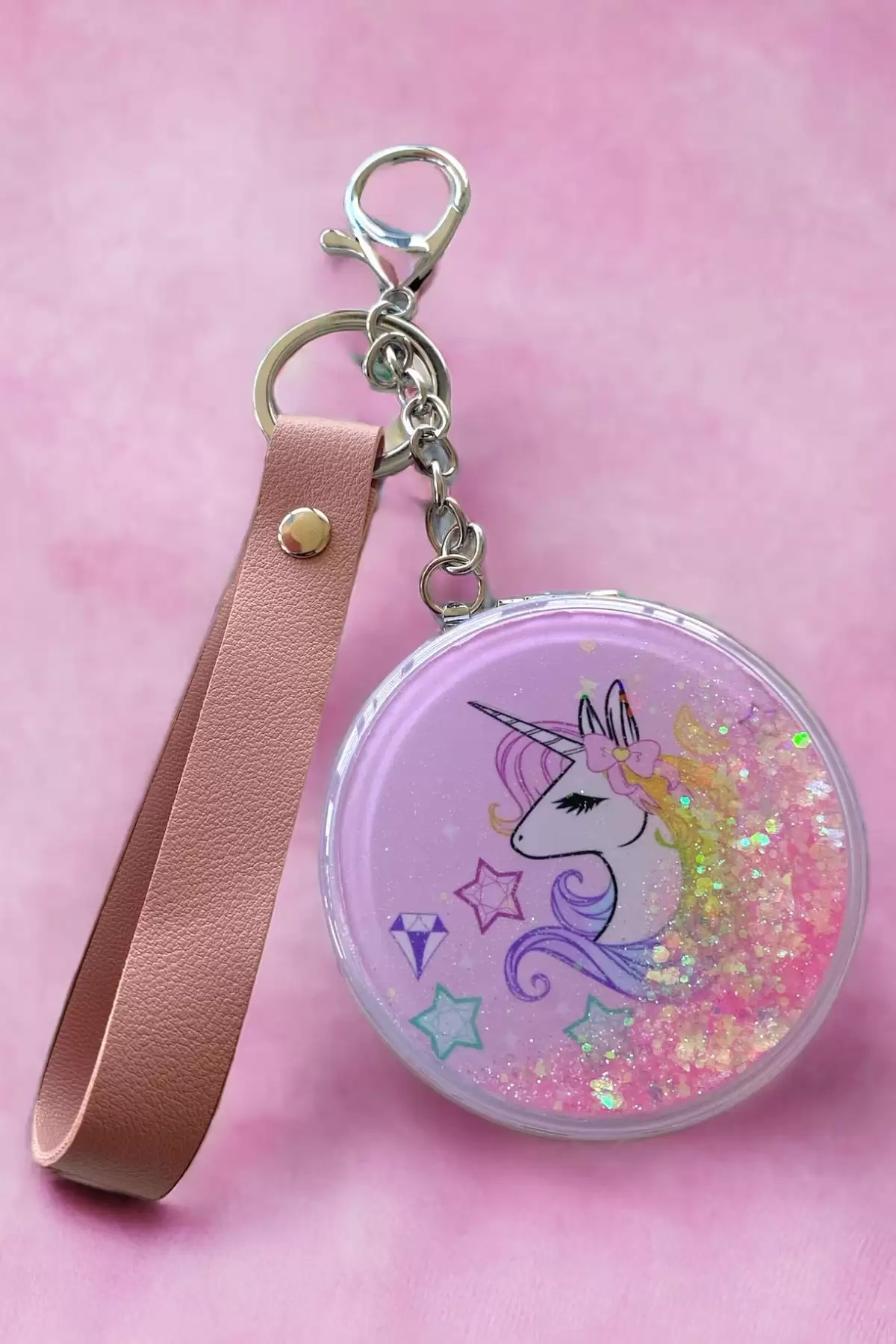 Pembe Renk Unicorn Figürlü Simli Cep Ayna/Anahtarlık