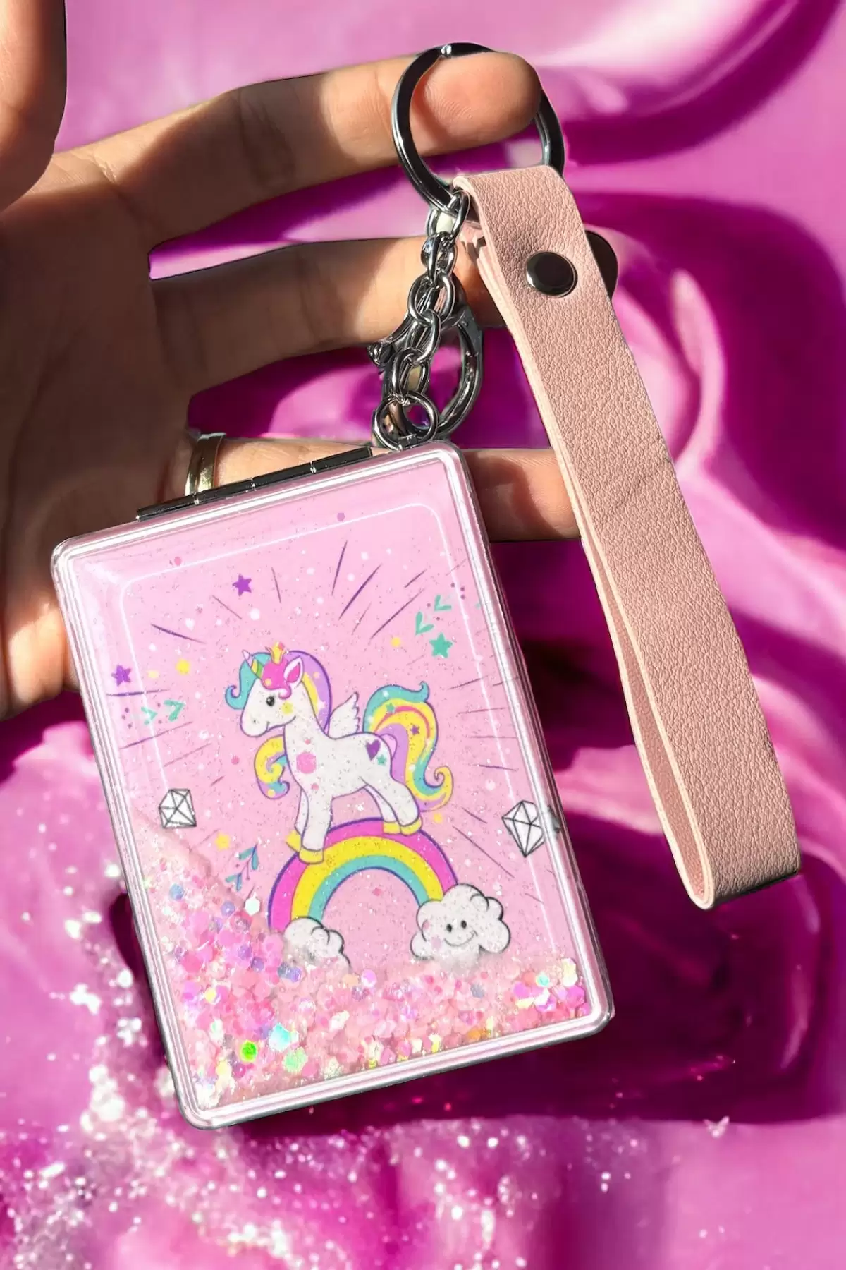 Pembe Renk Unicorn Figürlü Simli Cep Ayna/Anahtarlık