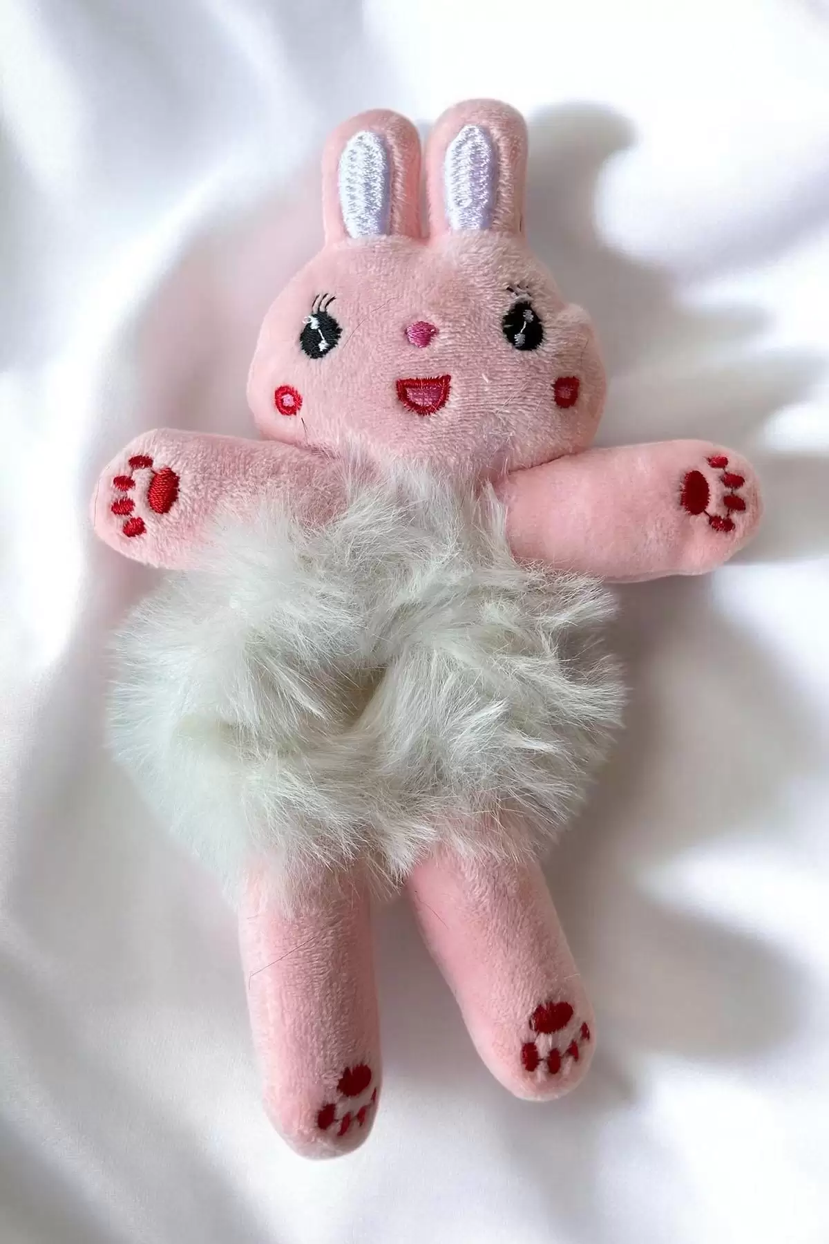 Pembe Ve Beyaz Renk Tavşan Figürlü Peluş Simit Toka