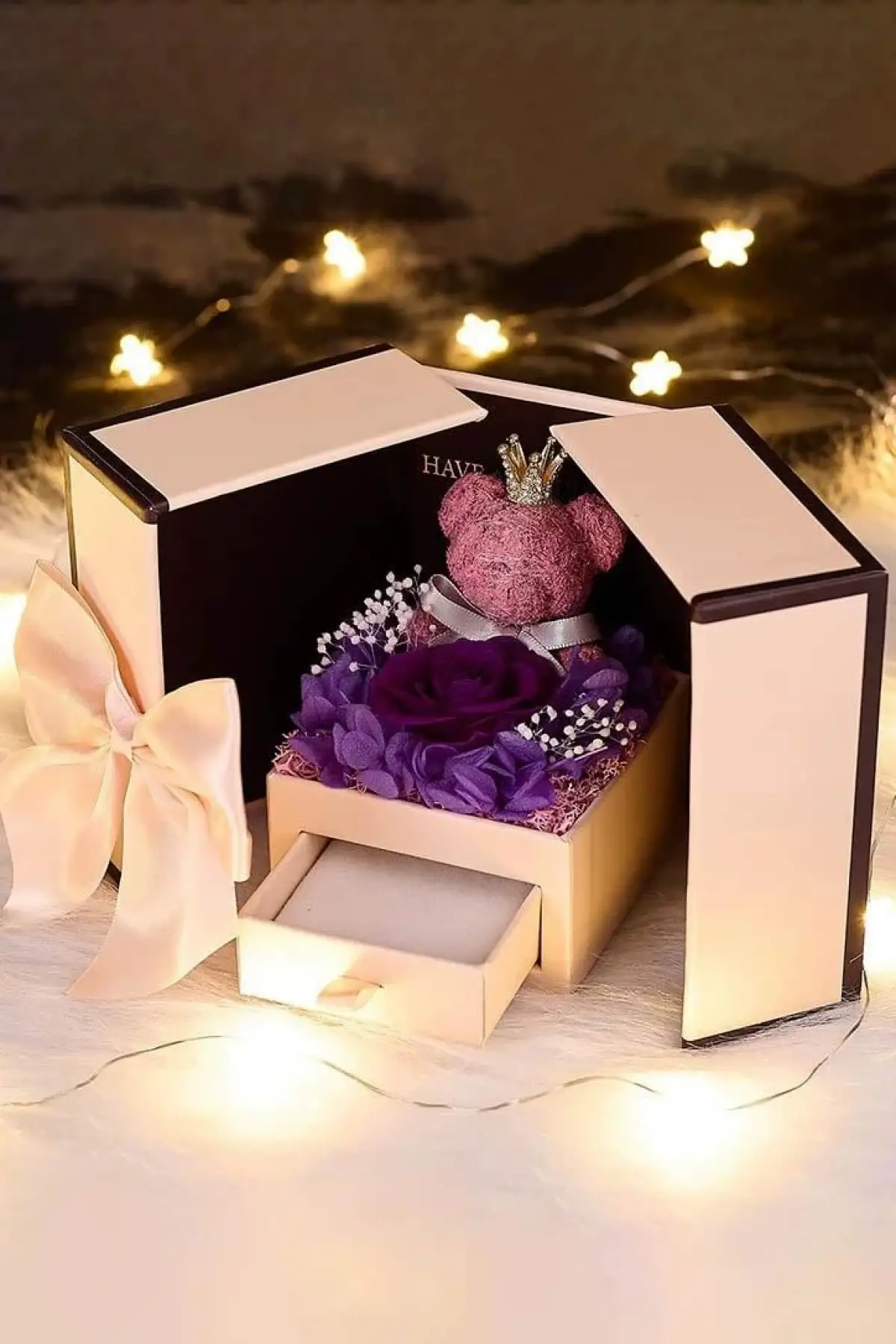 Pembe Ve Mor Renk Ayıcık Figürlü Takı Organizerli Hediye Kutusu