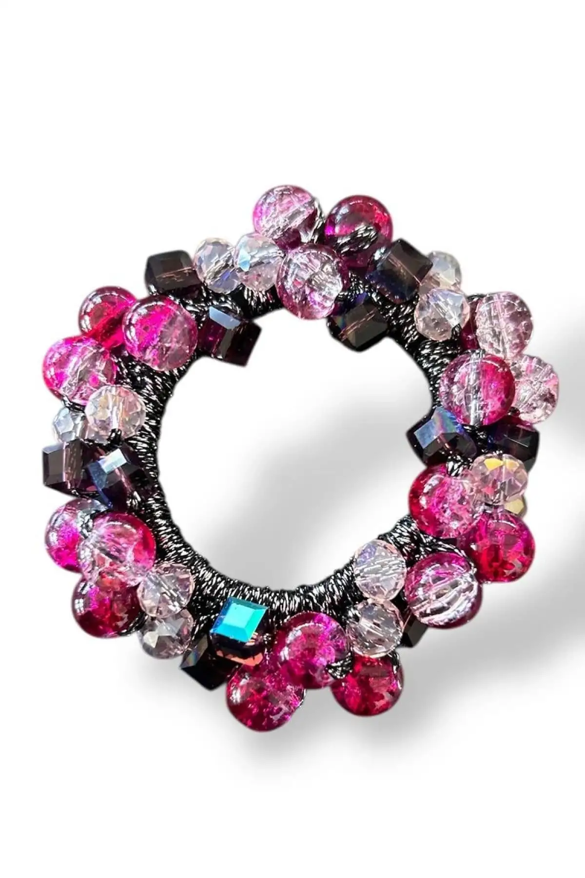 Pembe Ve Siyah Renk Boncuk Detaylı Lastik Toka