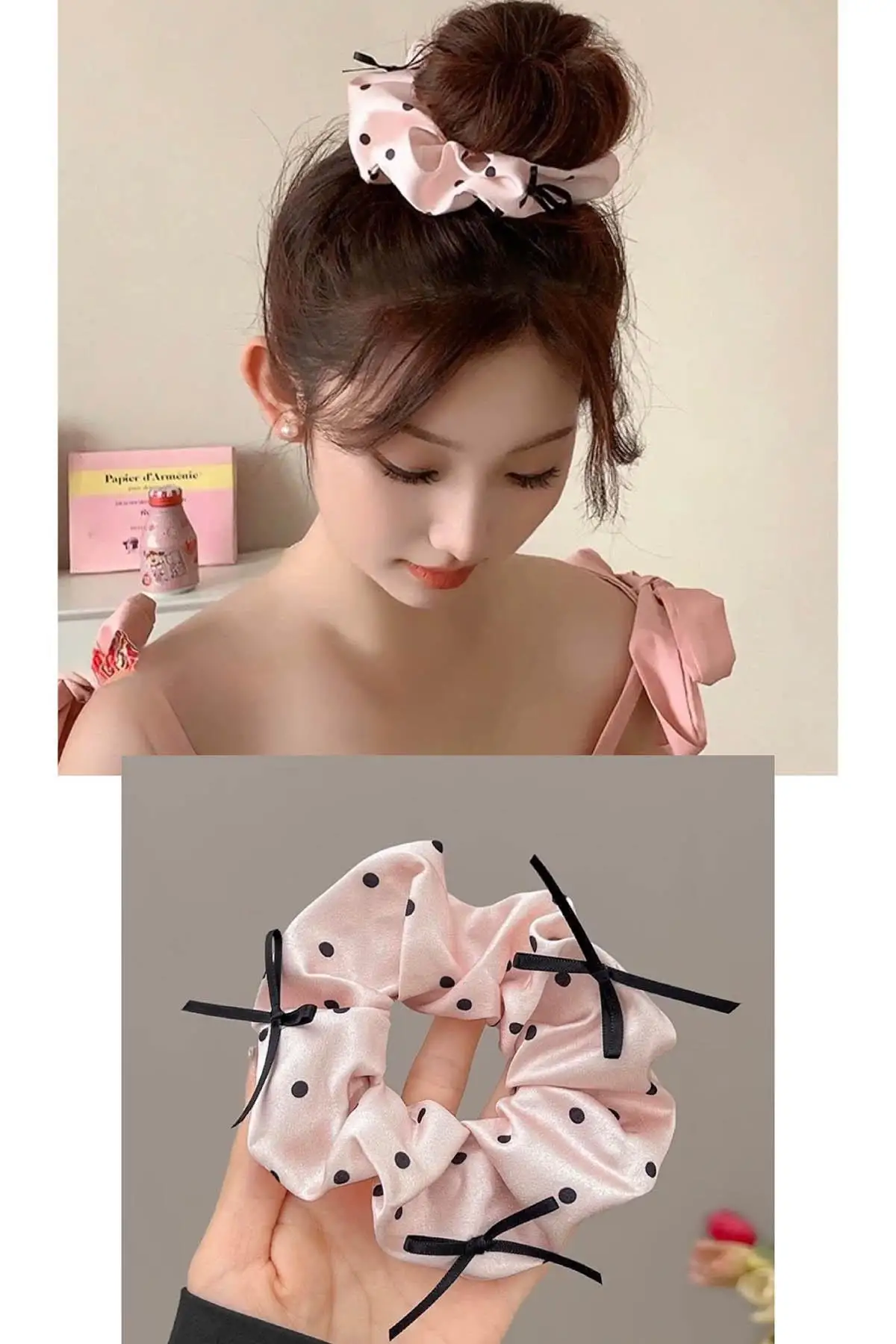 Pembe Ve Siyah Renk Puantiye Detaylı Kurdele Figürlü Simit Toka