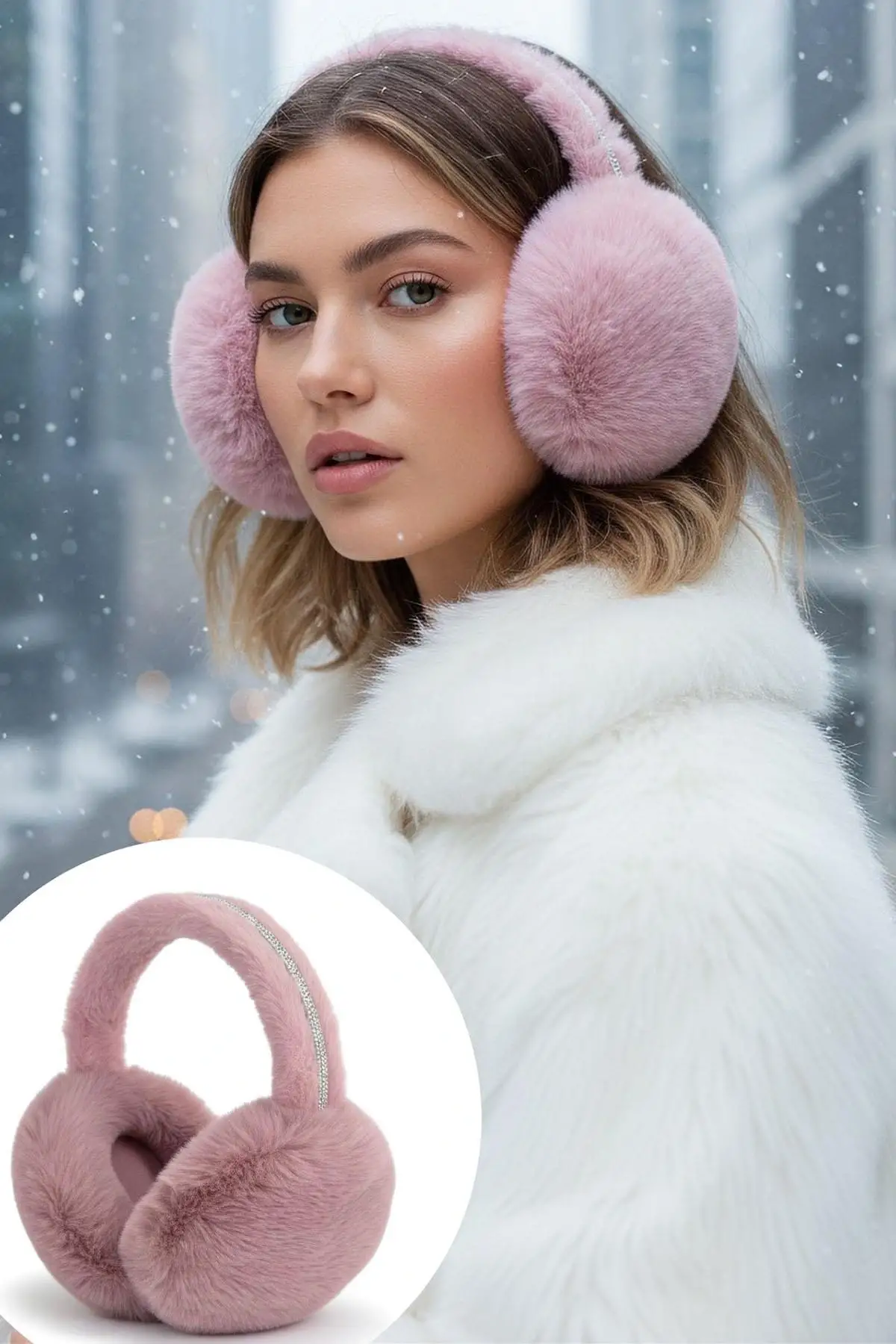 Pudra Renk Taş Detaylı Peluş Kulaklık