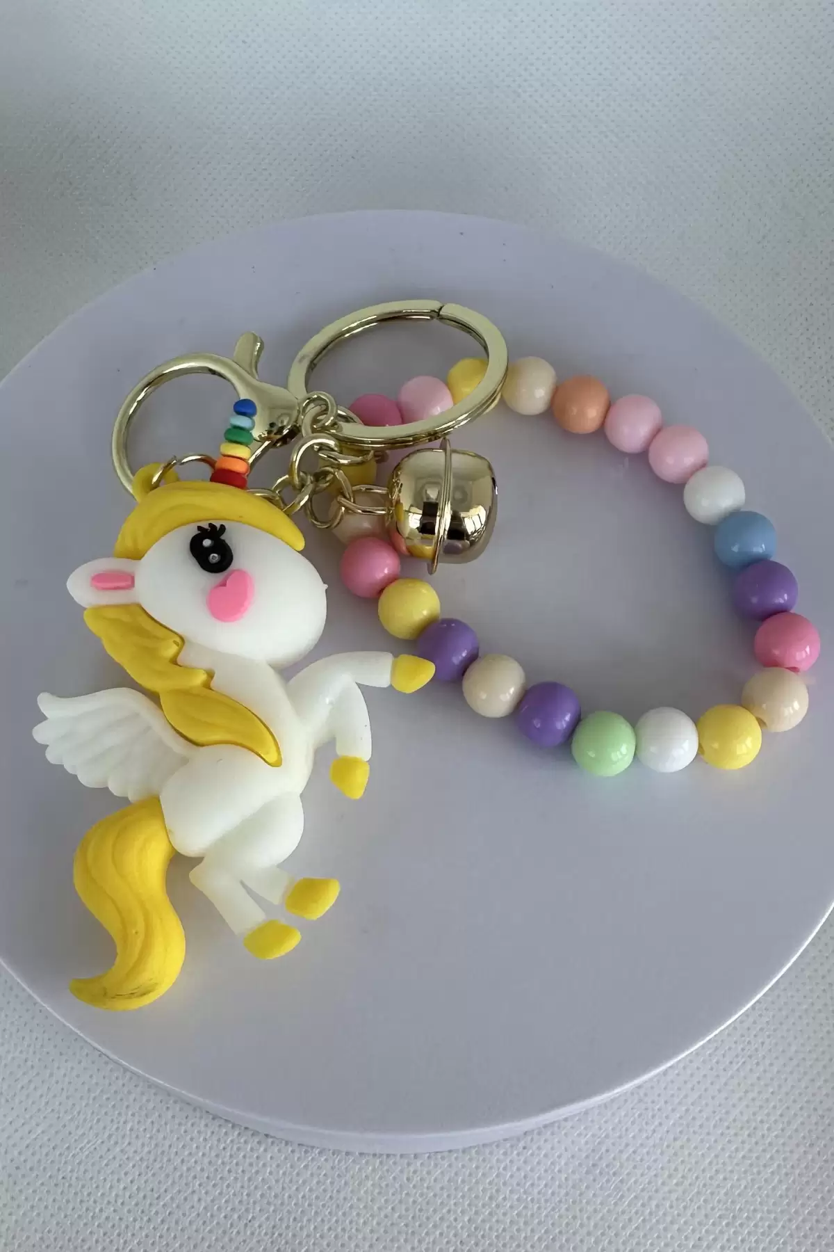 Sarı Renk Unicorn Figürlü Boncuk Detaylı Anahtarlık