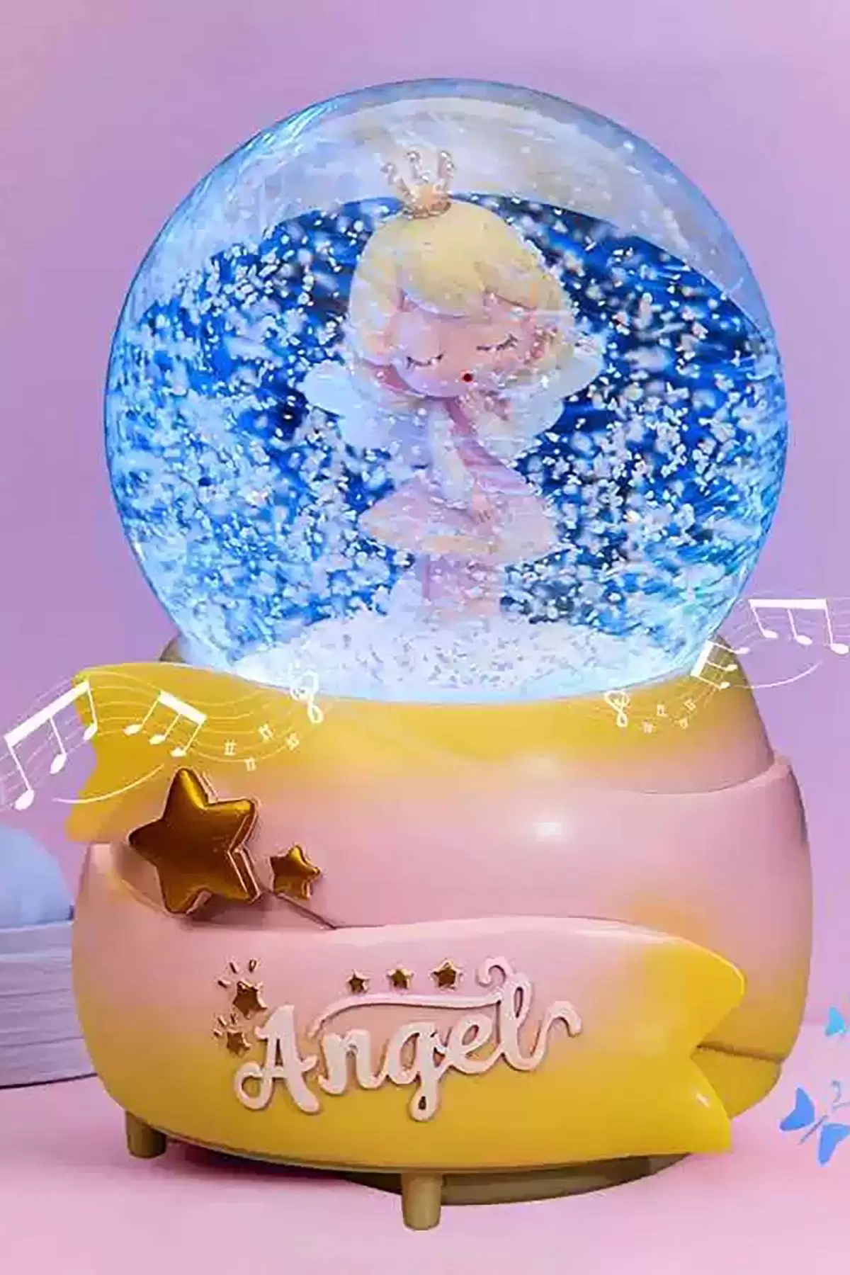 Sarı Ve Pembe Renk Kız Figürlü Müzikli Ve Işıklı Kar Küresi