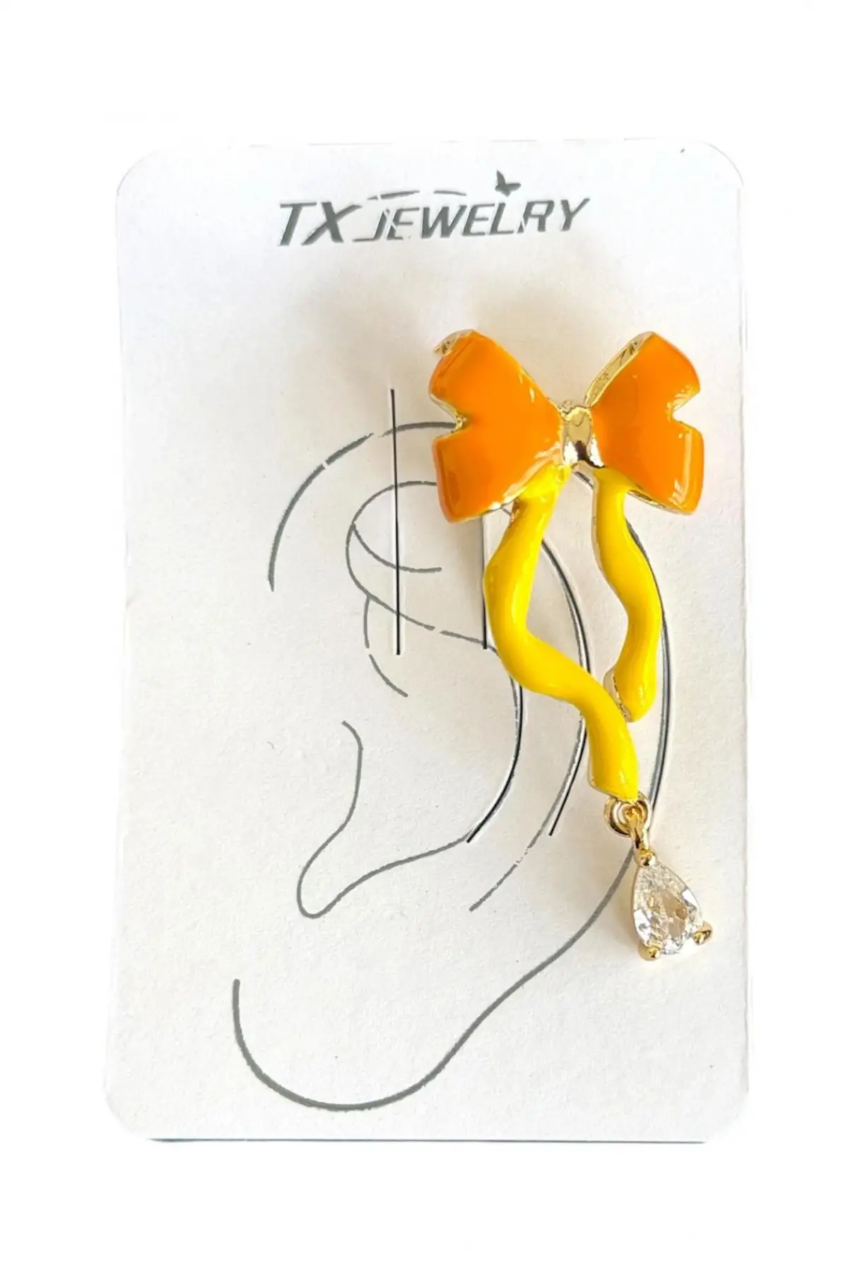 Sarı Ve Turuncu Renk Kurdele Figürlü 14K Altın Kaplama TX Ear Cuff (Tek)