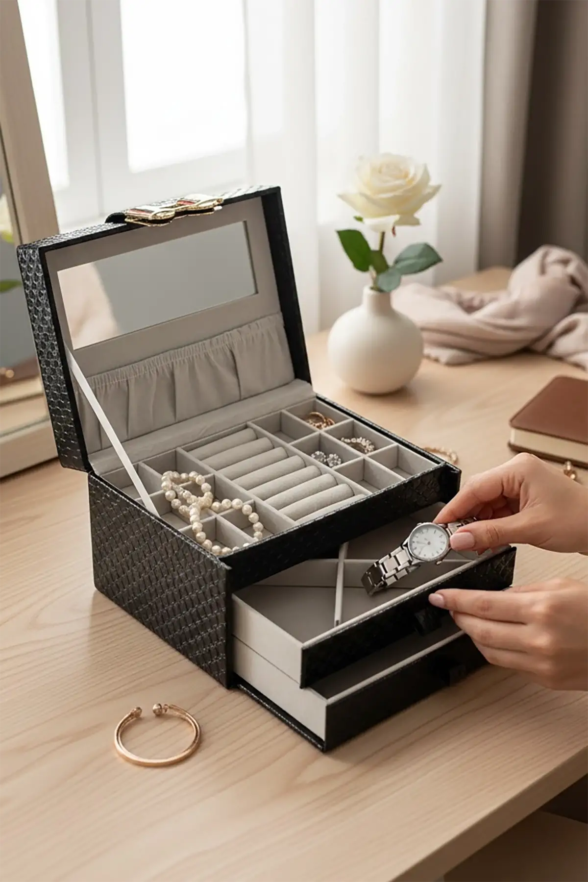 Siyah Renk Ayna Detaylı Çekmeceli Deri Takı Organizeri