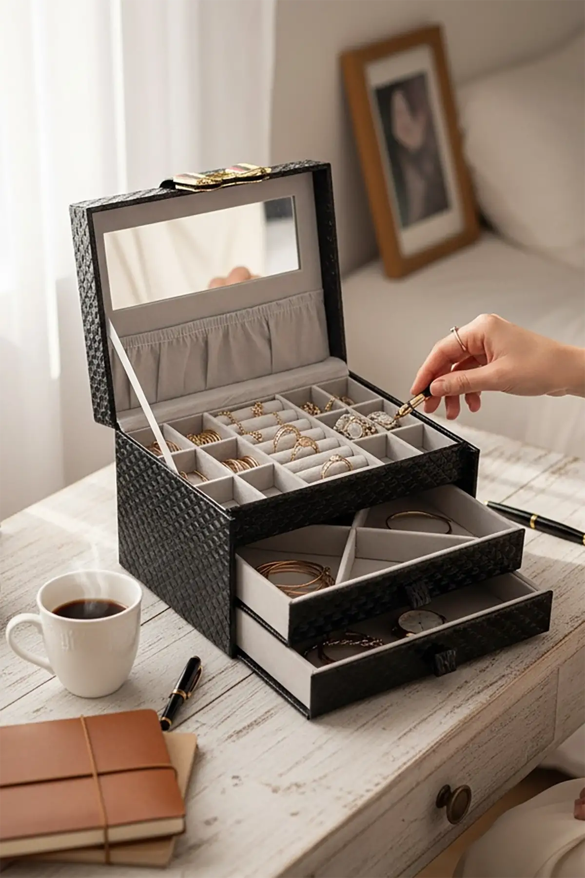 Siyah Renk Ayna Detaylı Çekmeceli Deri Takı Organizeri