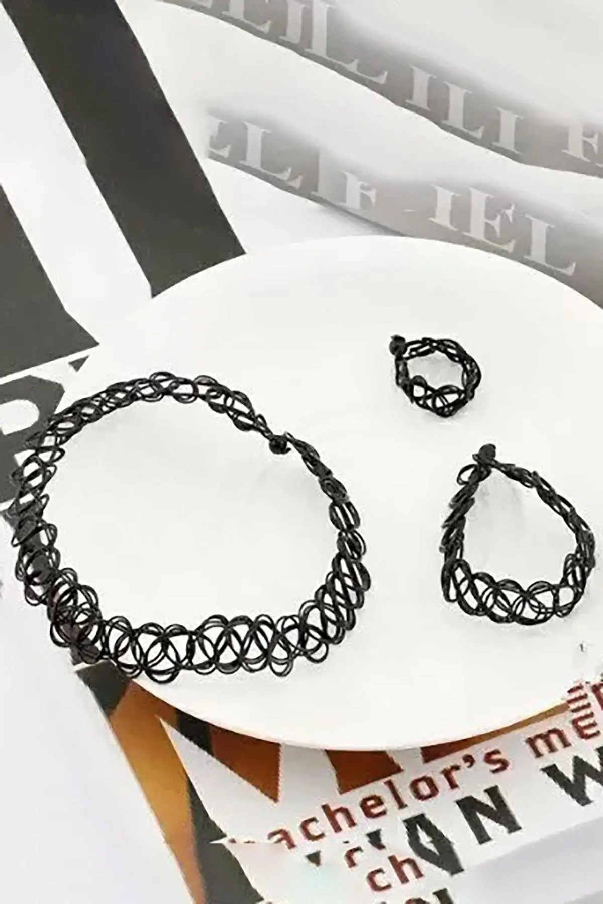 Siyah Renk Elastik Choker Kolye | Bileklik Ve Yüzük Set