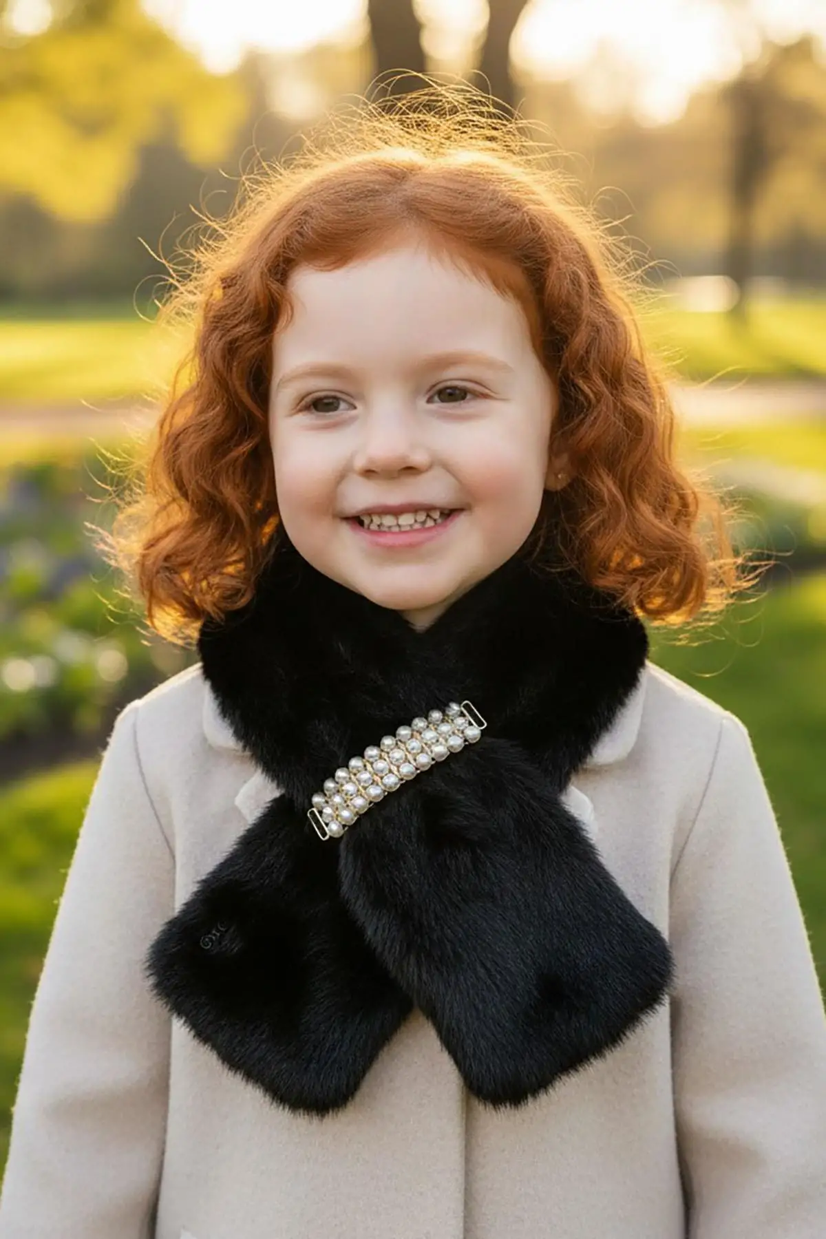 Siyah Renk İnci Detaylı Çocuk Peluş Atkı