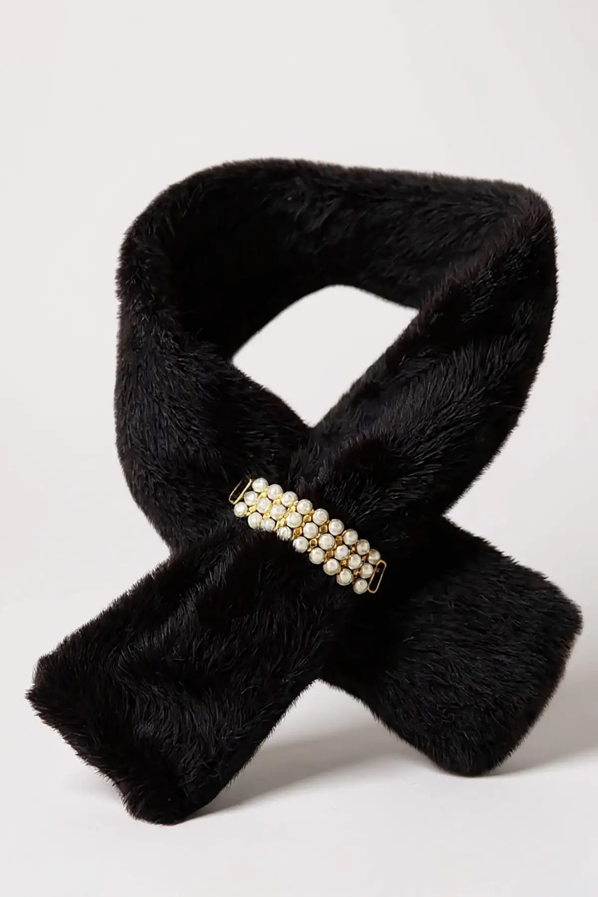 Siyah Renk İnci Detaylı Çocuk Peluş Atkı