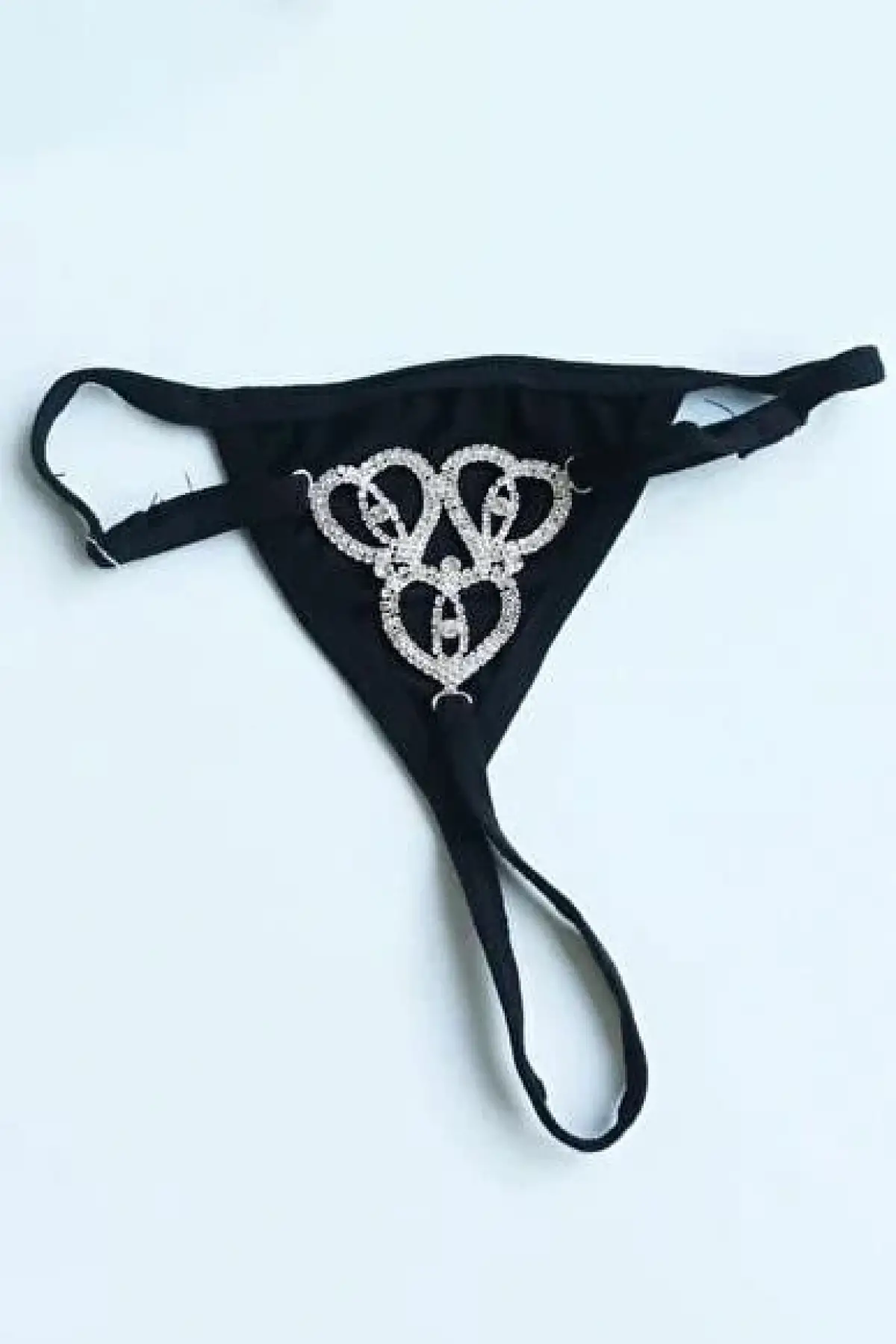 Siyah Renk Kalp Figürlü Taş Detaylı Tanga