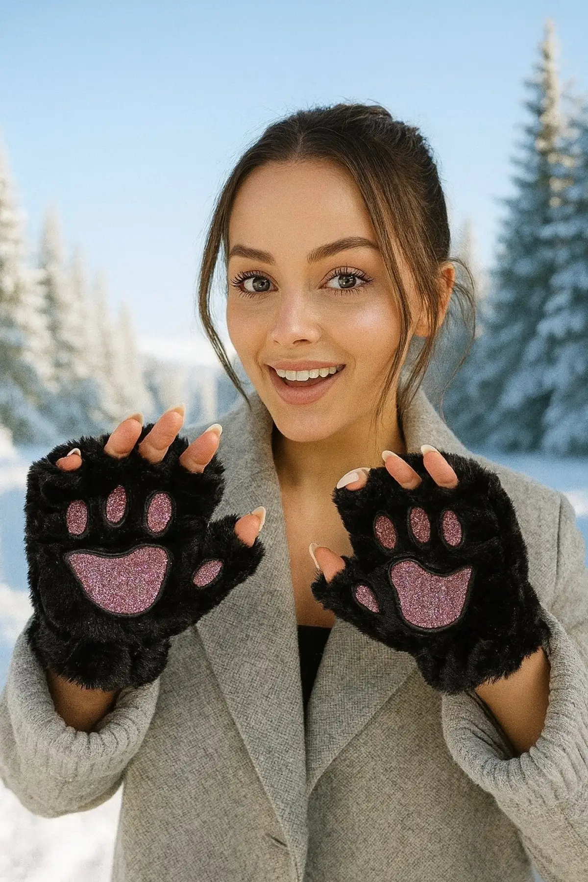Siyah Renk Pati Figürlü Peluş Eldiven