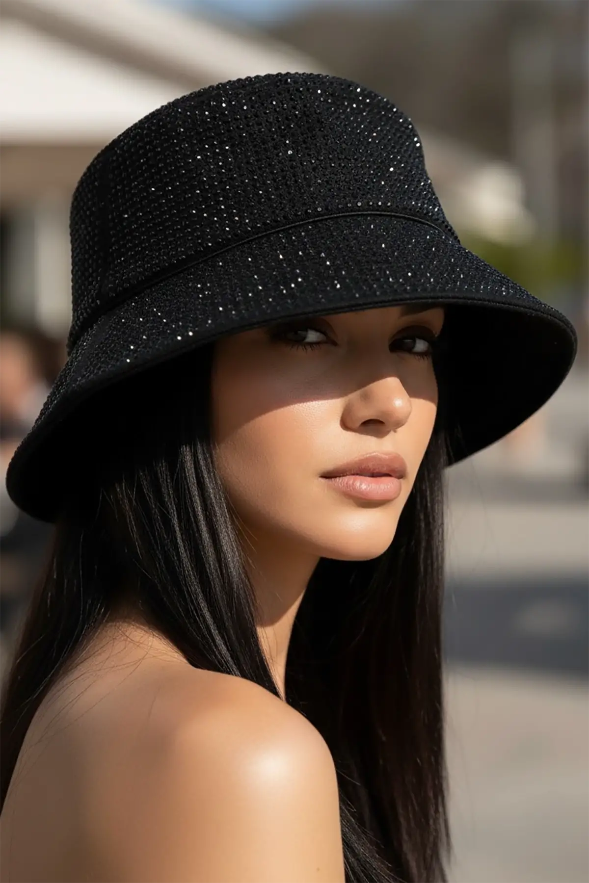 Siyah Renk Taşlı Bucket Şapka