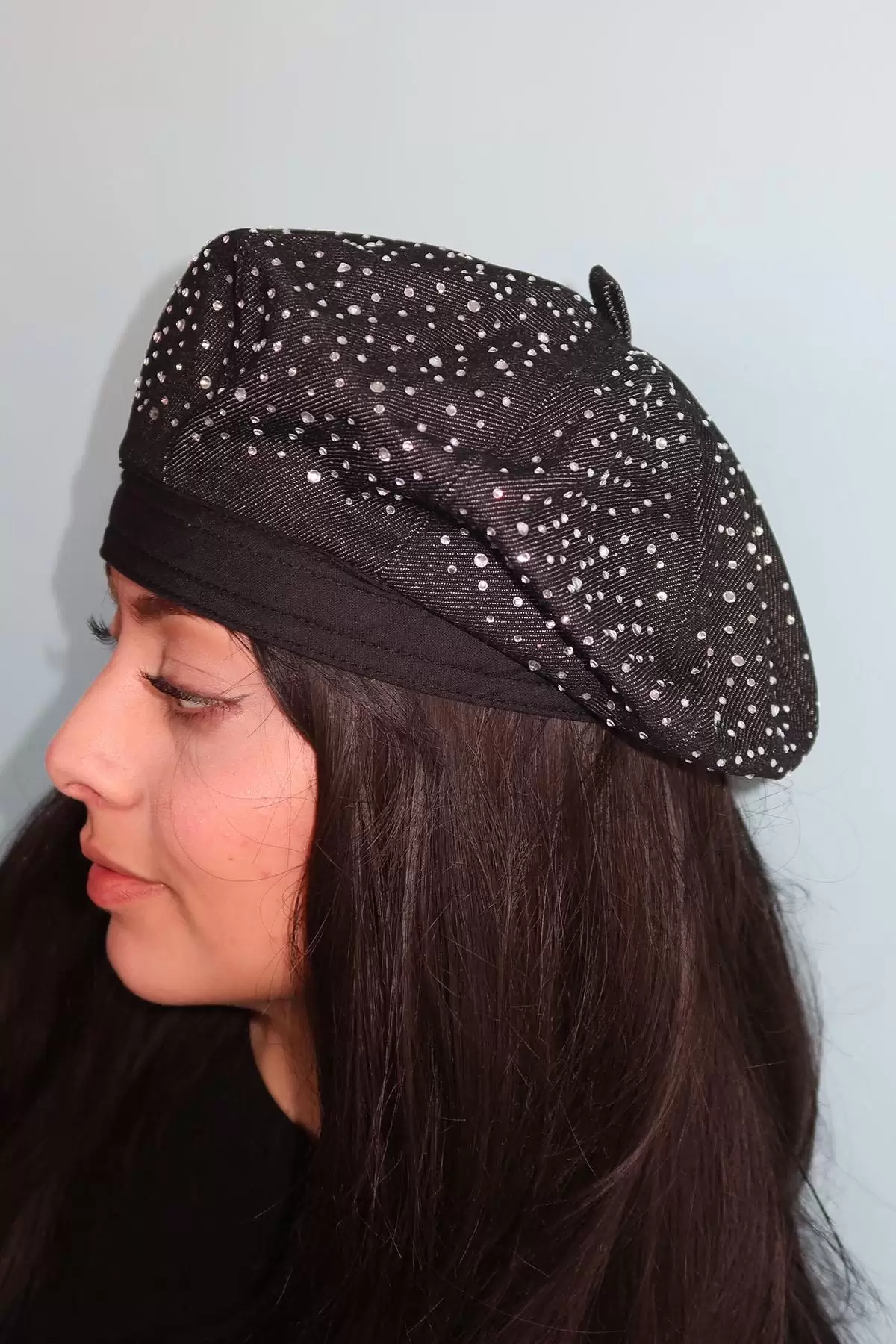 Siyah Renk Taşlı Ressam Şapka