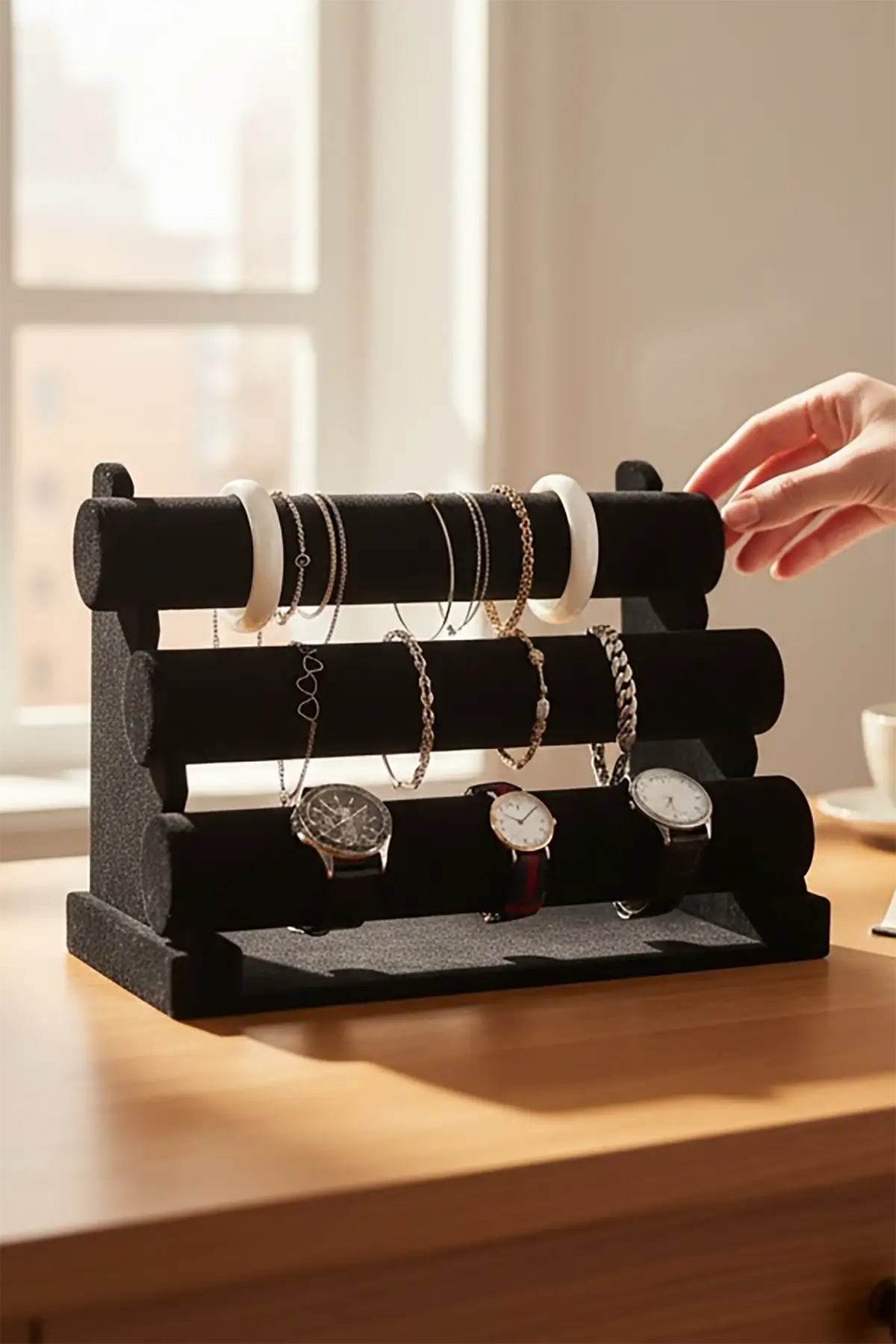 Siyah Renk Üç Katlı Süet Saat/Bileklik Takı Standı