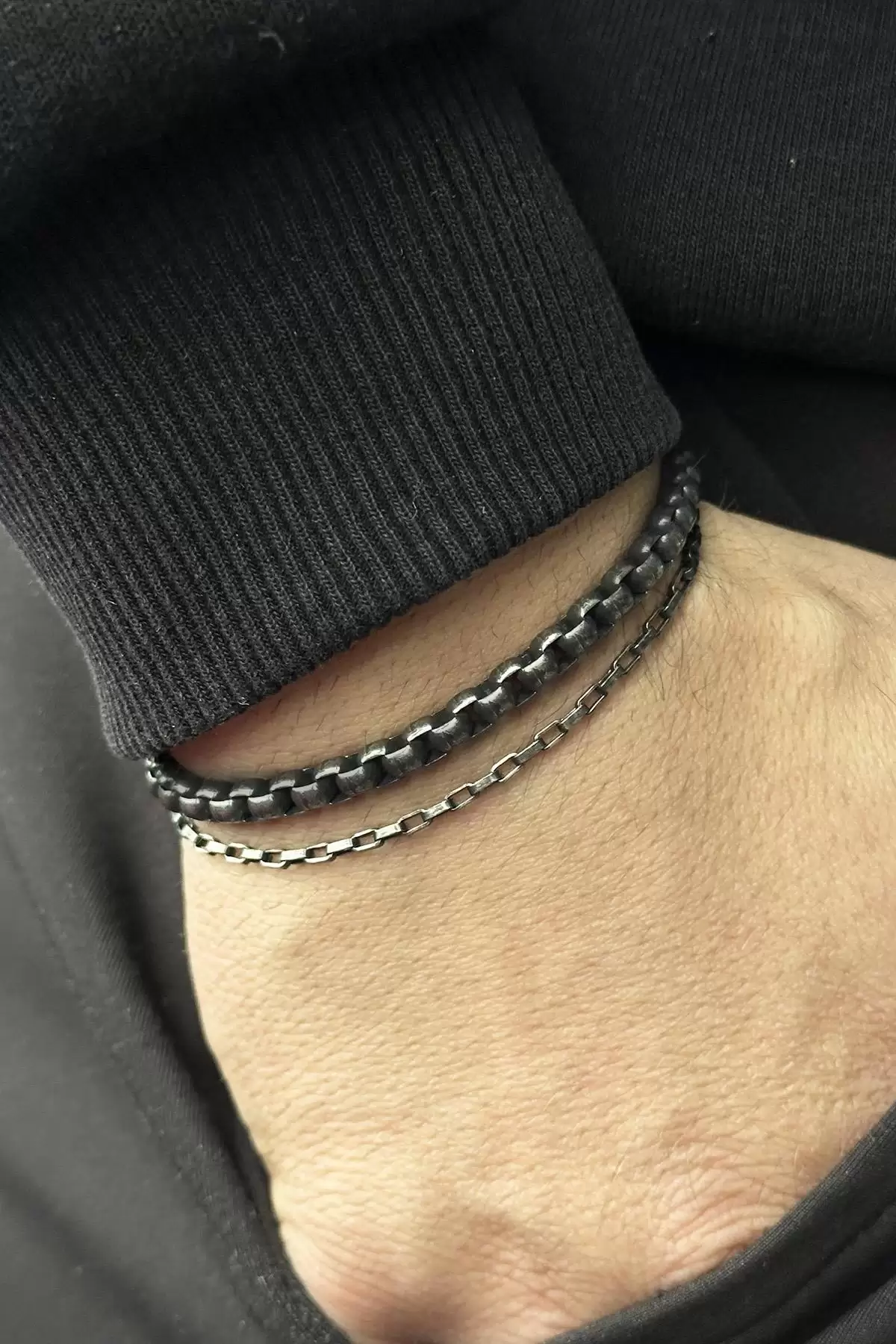 Siyah Ve Gümüş Renk İkili Erkek Çelik Bileklik