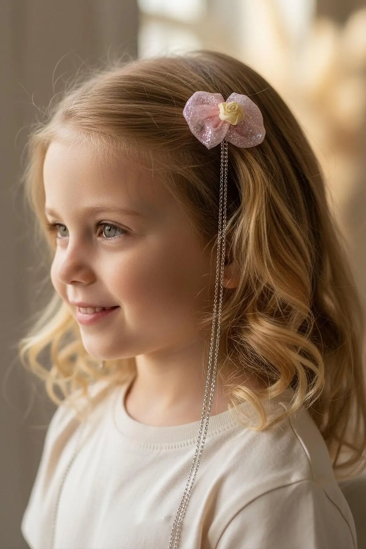 Somon Renk Çiçek Figürlü Taş Detaylı Çocuk Yan Toka