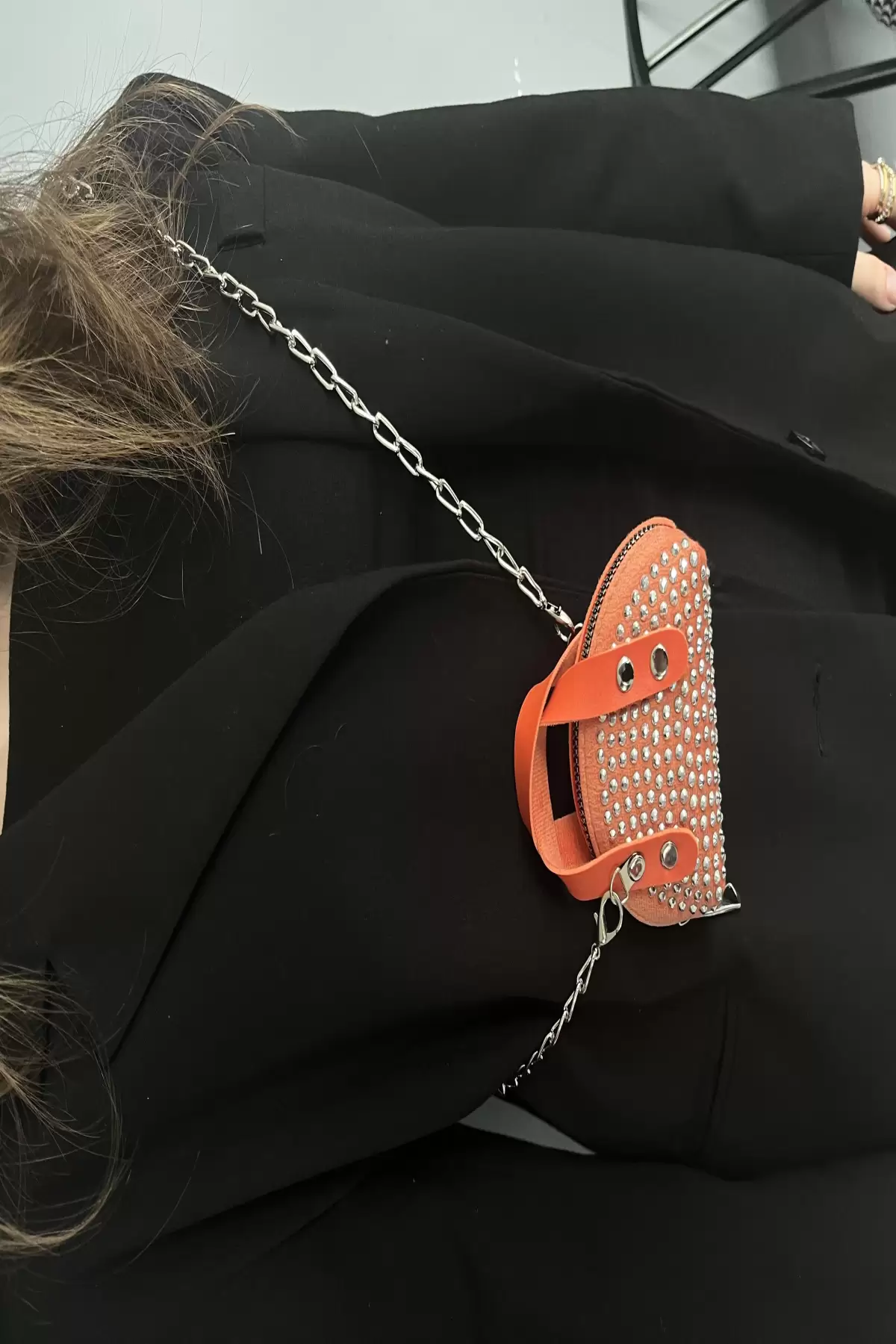 Turuncu Renk Taş Detaylı Mini Boy Kadın Süet Çanta