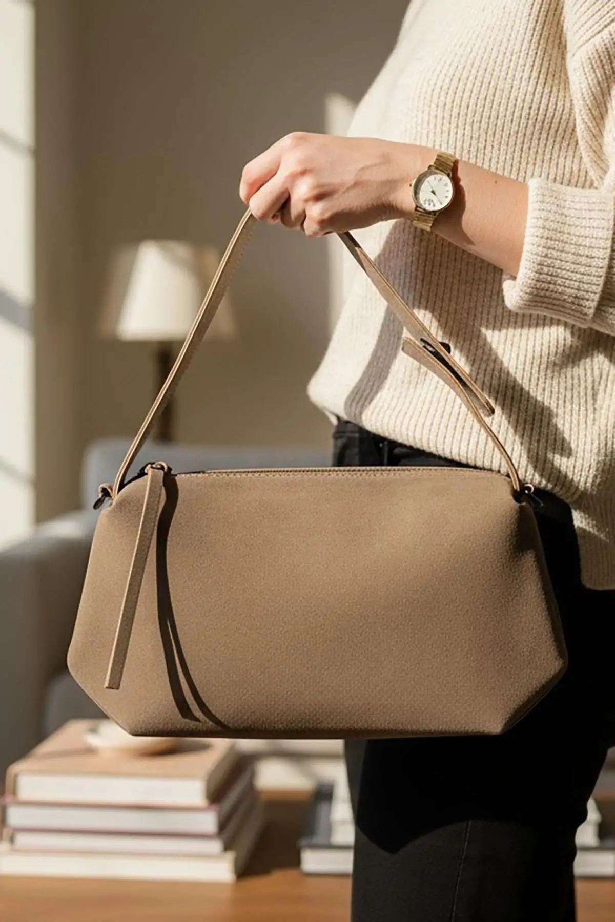 Vizon Renk Süet Kadın Çanta