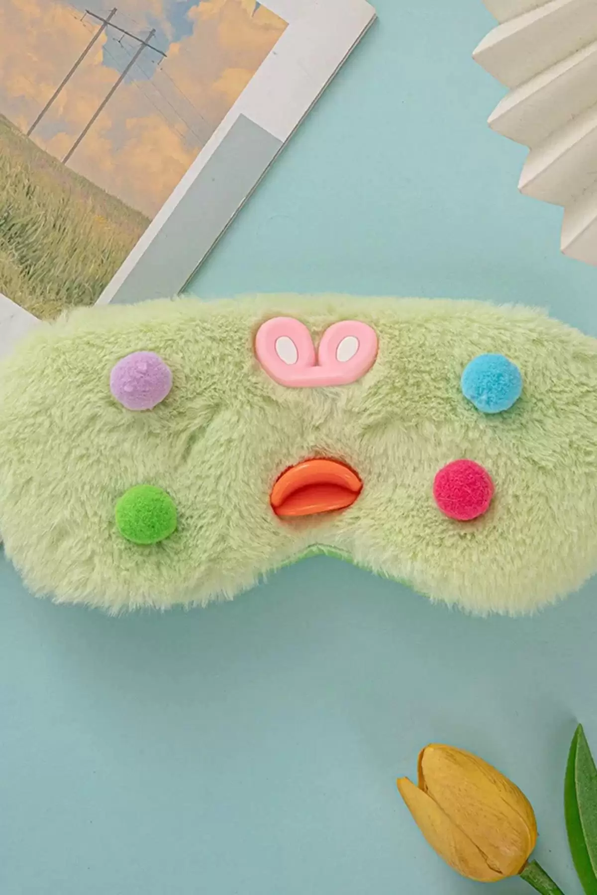 Yeşil Renk Ponpon Detaylı Peluş Uyku Bandı