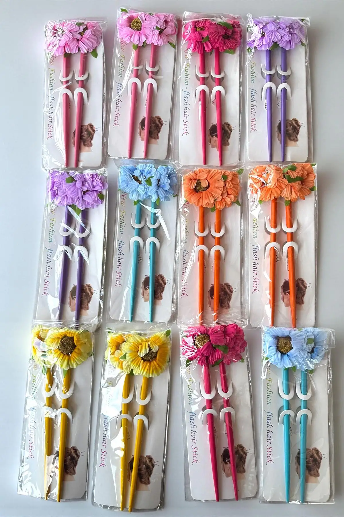 12li Karışık Renk Çiçek Figürlü Topuz Kalemi/ Tokası Set