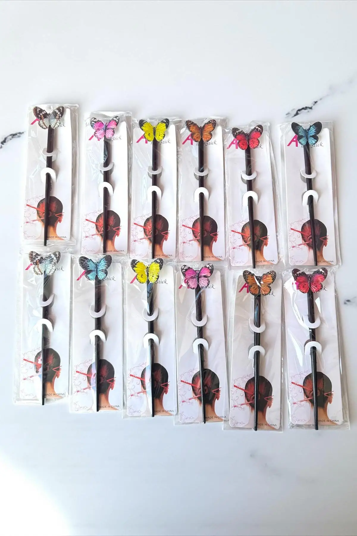 12li Karışık Renk Kelebek Figürlü Topuz Kalemi/ Tokası Set