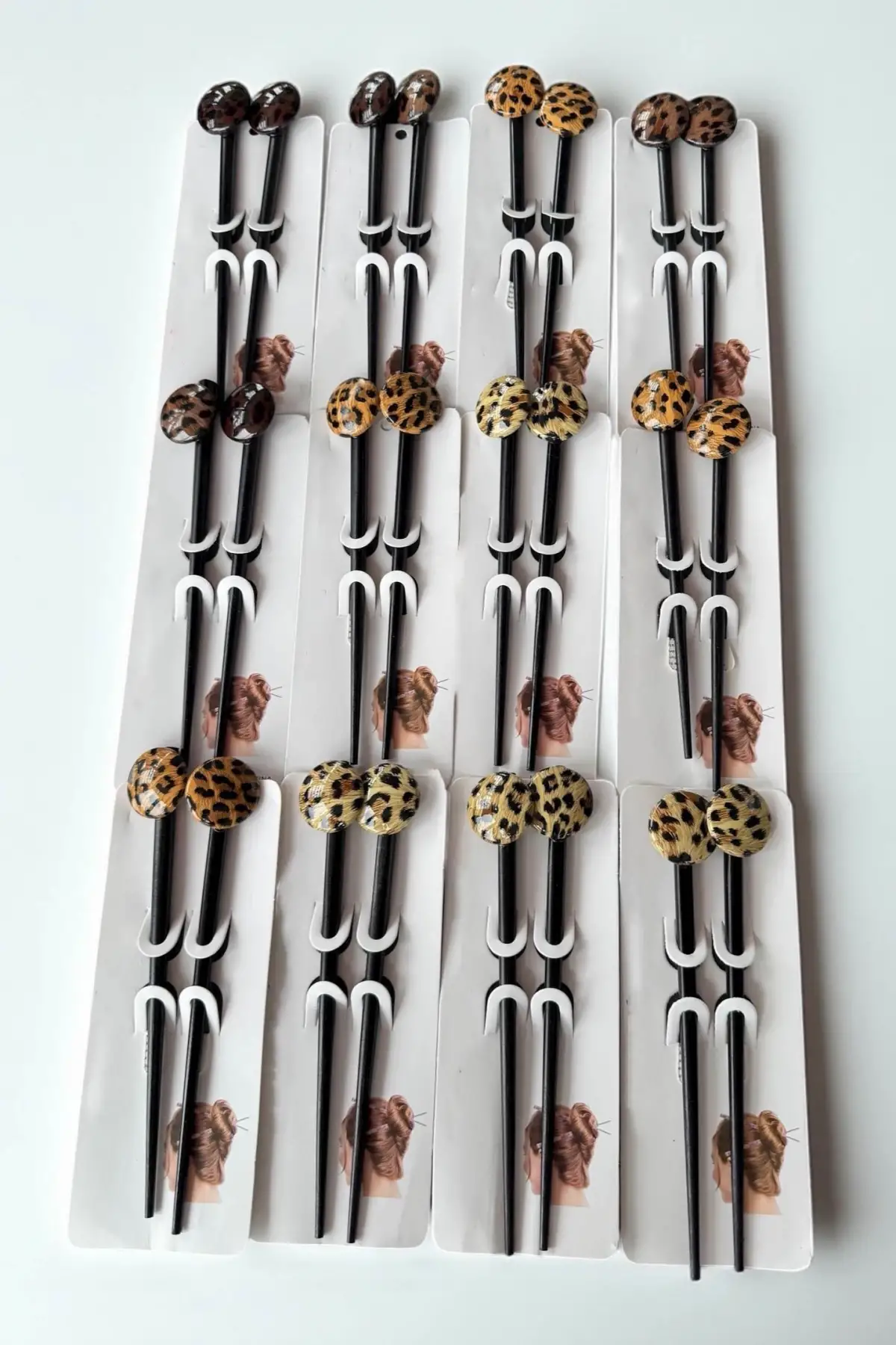 12li Karışık Renk Leopar Desenli Topuz Kalemi/ Tokası Set