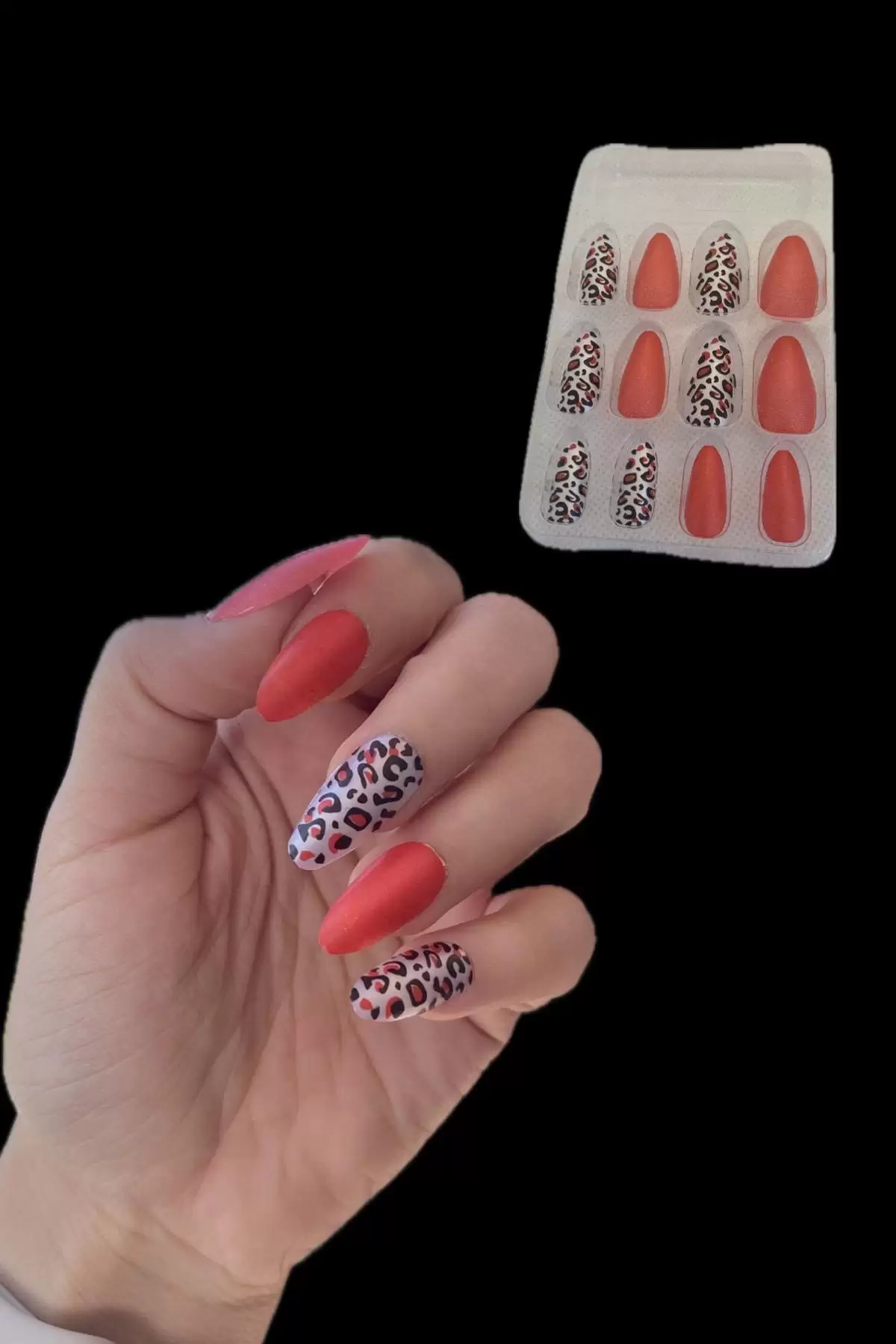 12li Kırmızı Renk Leopar Nail Art Figürlü Takma Tırnak Seti (Yapıştırıcılı)