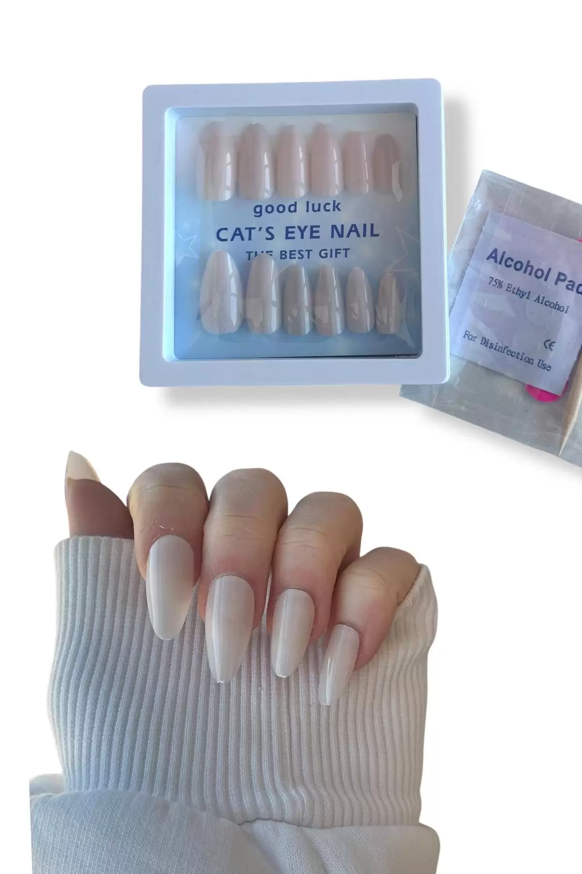 12li Krem Renk Jel Görünümlü Takma Tırnak Set (Yapıştırıcılı)