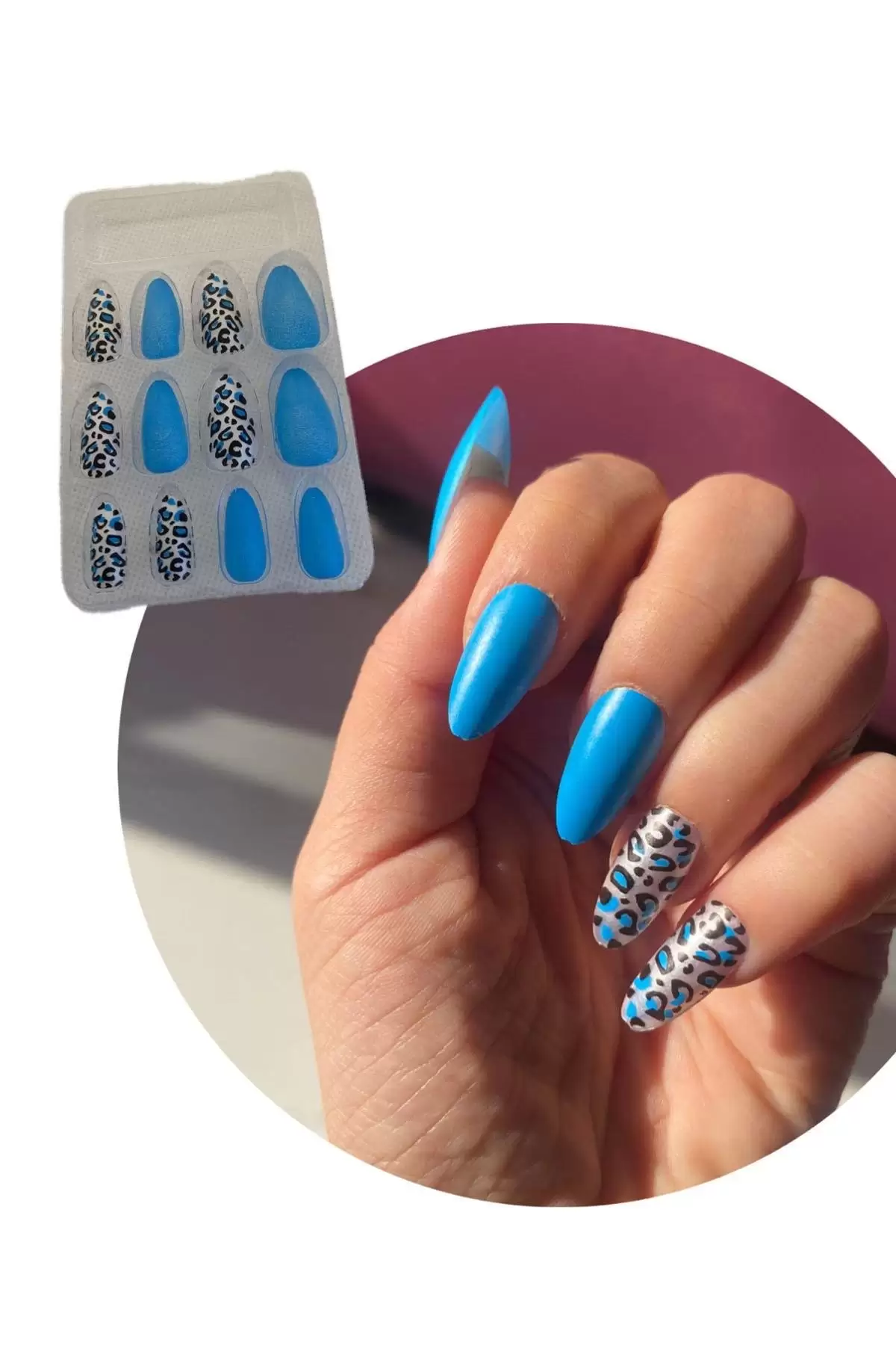 12li Mavi Renk Leopar Nail Art Figürlü Takma Tırnak Seti (Yapıştırıcılı)