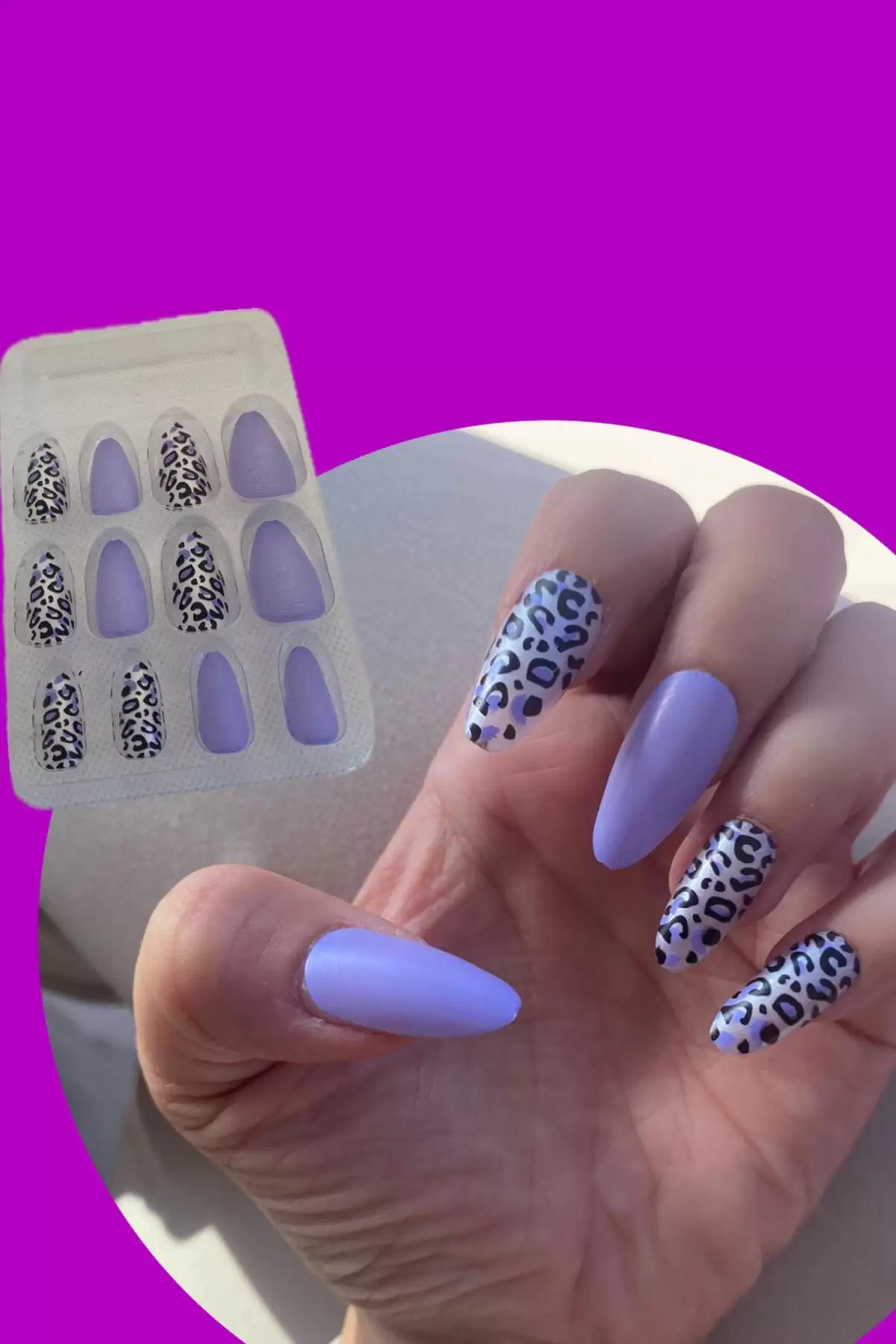 12li Mor Renk Leopar Nail Art Figürlü Takma Tırnak Seti (Yapıştırıcılı)