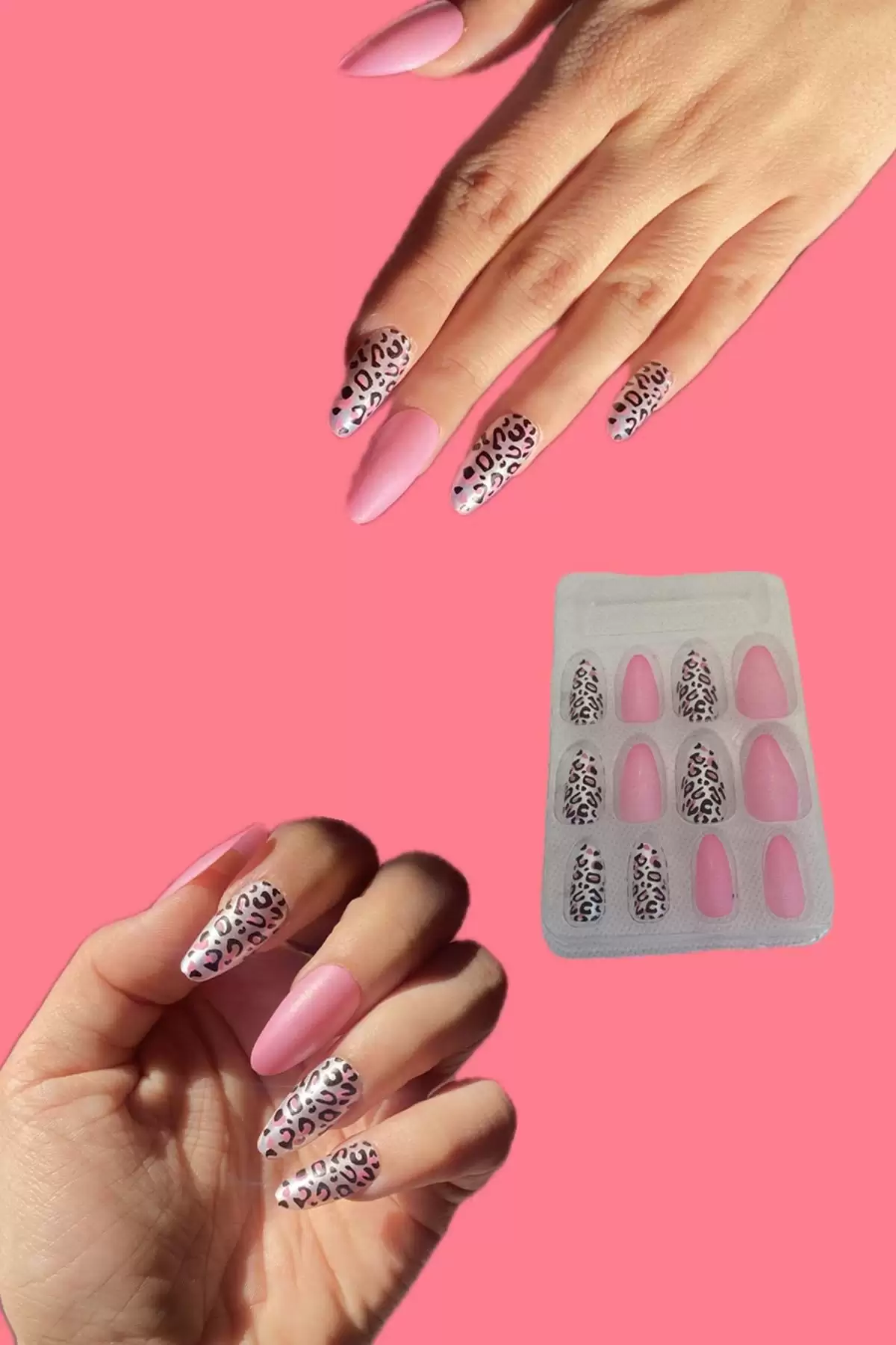 12li Pembe Renk Leopar Nail Art Figürlü Takma Tırnak Seti (Yapıştırıcılı)